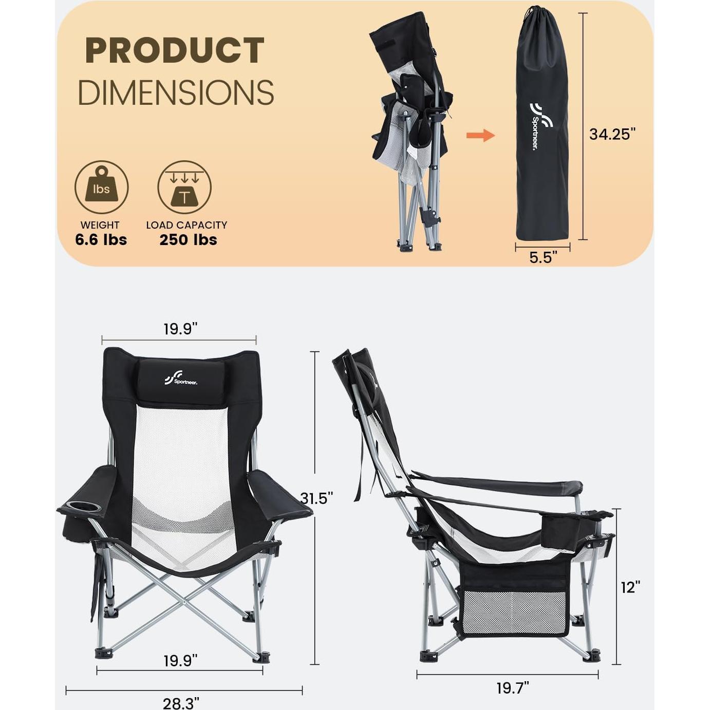 Silla de Playa Sportneer Plegable Ajustable con Portavasos Negro