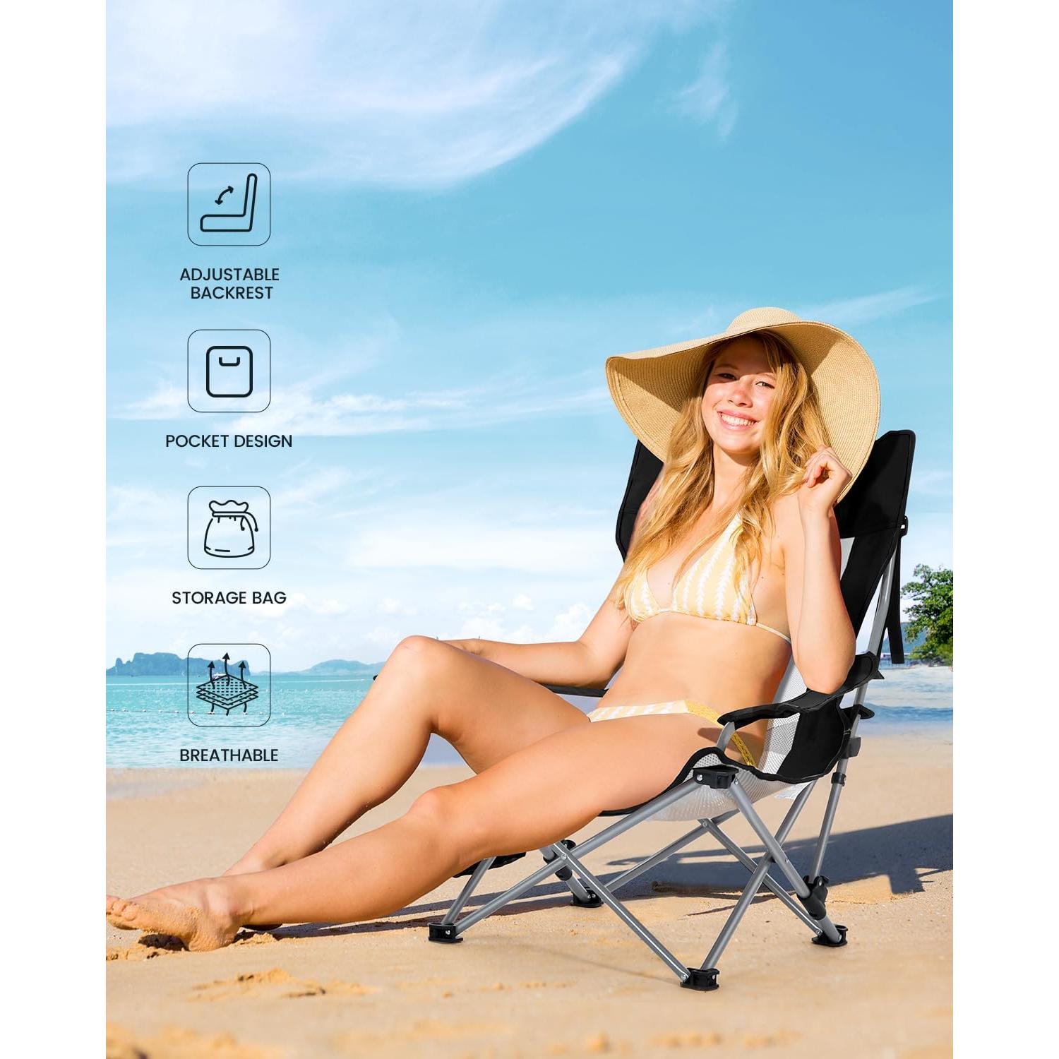 Silla de Playa Sportneer Plegable Ajustable con Portavasos Negro