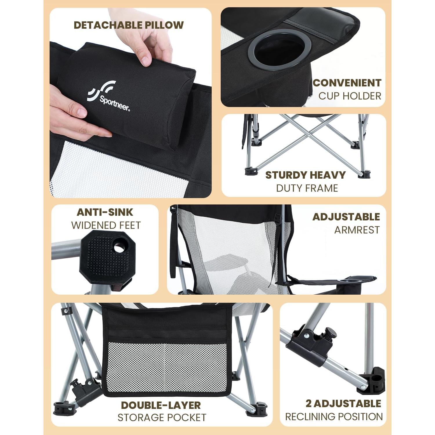 Silla de Playa Sportneer Plegable Ajustable con Portavasos Negro