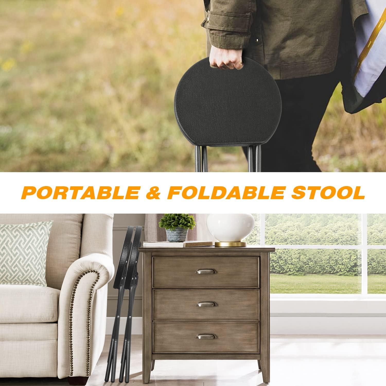 5Rcom Folding Stool, 2 Pack Portable Stool Chairs with Handle, Collapsible for Camping RV Party, Heavy Duty Steel Frame, 500lbs Capacity, Black