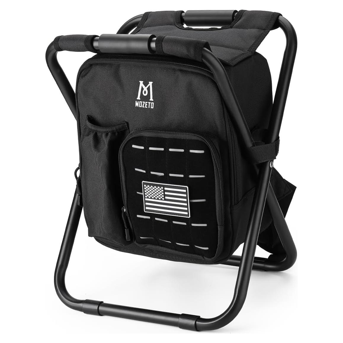 MOZETO Backpack Stool Cooler Chair with Molle Pocket and American Flag Patche, Portable Folding Fishing Stool for Outdoor Walking Hiking Camping
