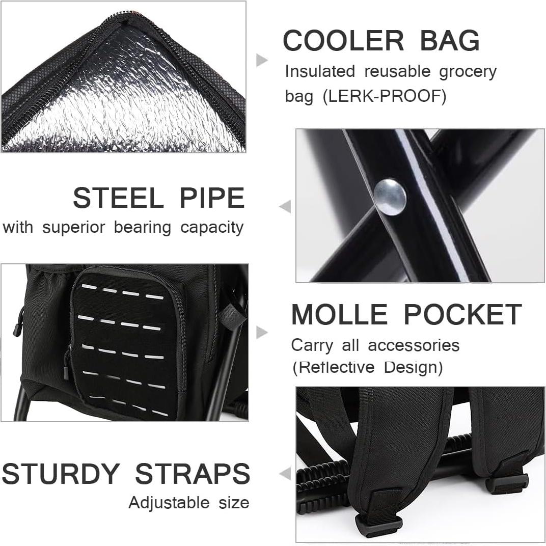 MOZETO Backpack Stool Cooler Chair with Molle Pocket and American Flag Patche, Portable Folding Fishing Stool for Outdoor Walking Hiking Camping