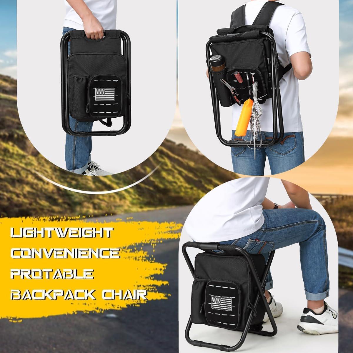 MOZETO Backpack Stool Cooler Chair with Molle Pocket and American Flag Patche, Portable Folding Fishing Stool for Outdoor Walking Hiking Camping