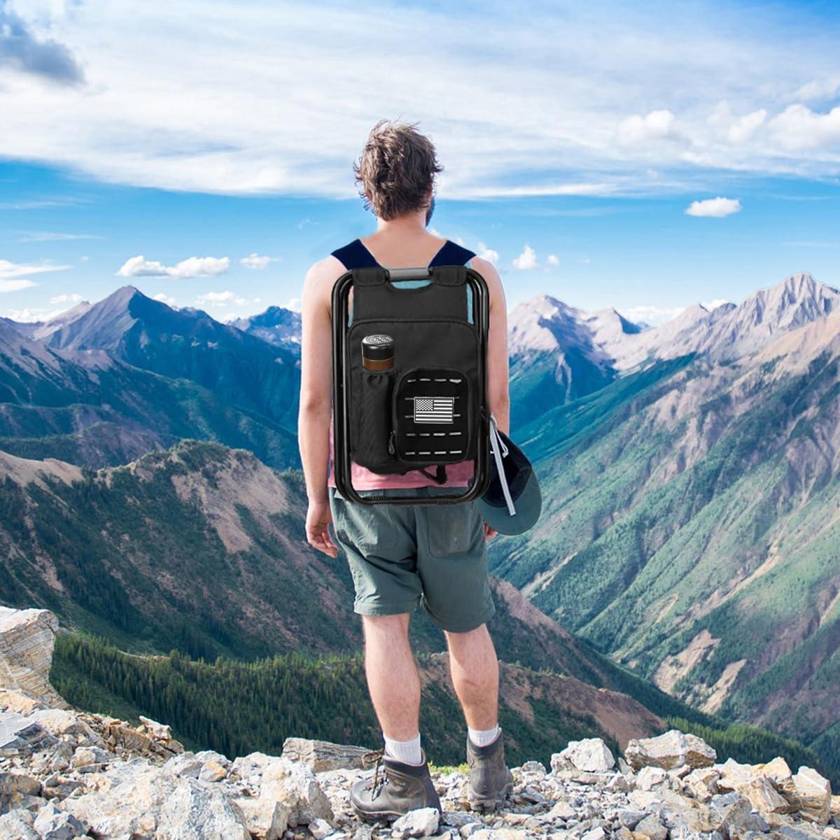 MOZETO Backpack Stool Cooler Chair with Molle Pocket and American Flag Patche, Portable Folding Fishing Stool for Outdoor Walking Hiking Camping