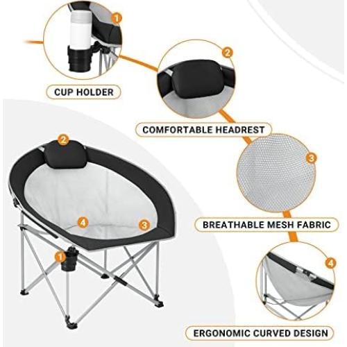 FUNDANGO Oversized Folding Camping Chair Moon Chair for Adults with Headrest, Cup Holder, Carry Bag, Portable Round Chair for Outdoor Hiking, Fishing, Picnic, Camp, Lawn