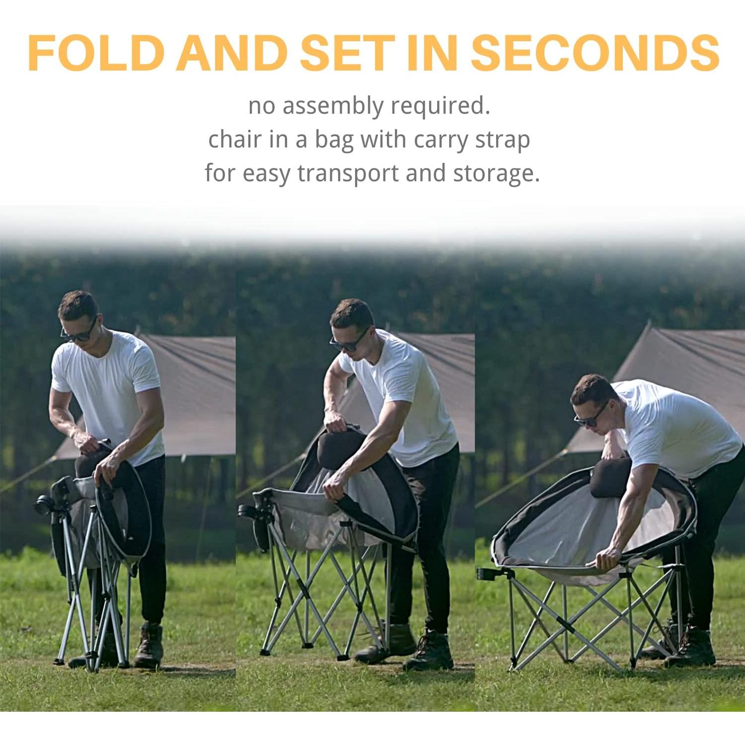 FUNDANGO Oversized Folding Camping Chair Moon Chair for Adults with Headrest, Cup Holder, Carry Bag, Portable Round Chair for Outdoor Hiking, Fishing, Picnic, Camp, Lawn