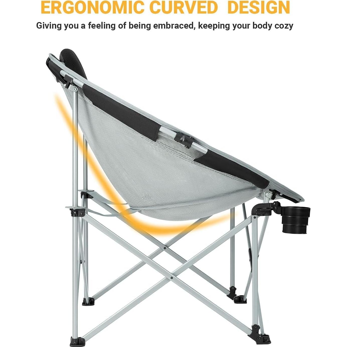 FUNDANGO Oversized Folding Camping Chair Moon Chair for Adults with Headrest, Cup Holder, Carry Bag, Portable Round Chair for Outdoor Hiking, Fishing, Picnic, Camp, Lawn