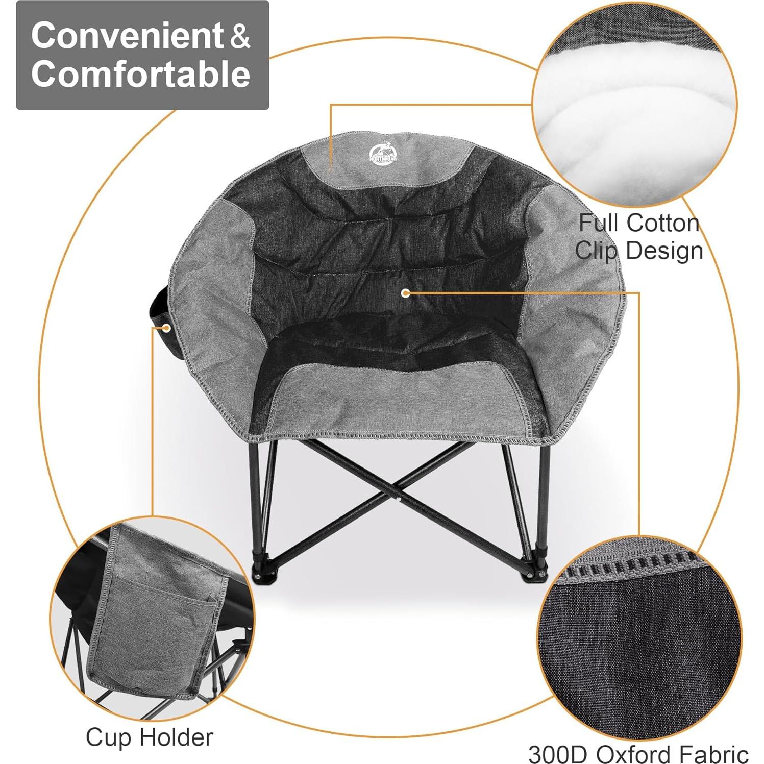 Folding Compact Camping Moon Chair, Outdoor Padded Saucer Round Chair w/Cup Holder Supports up to 300 lbs for Beach Hiking Fishing Picnic Lawn,Black