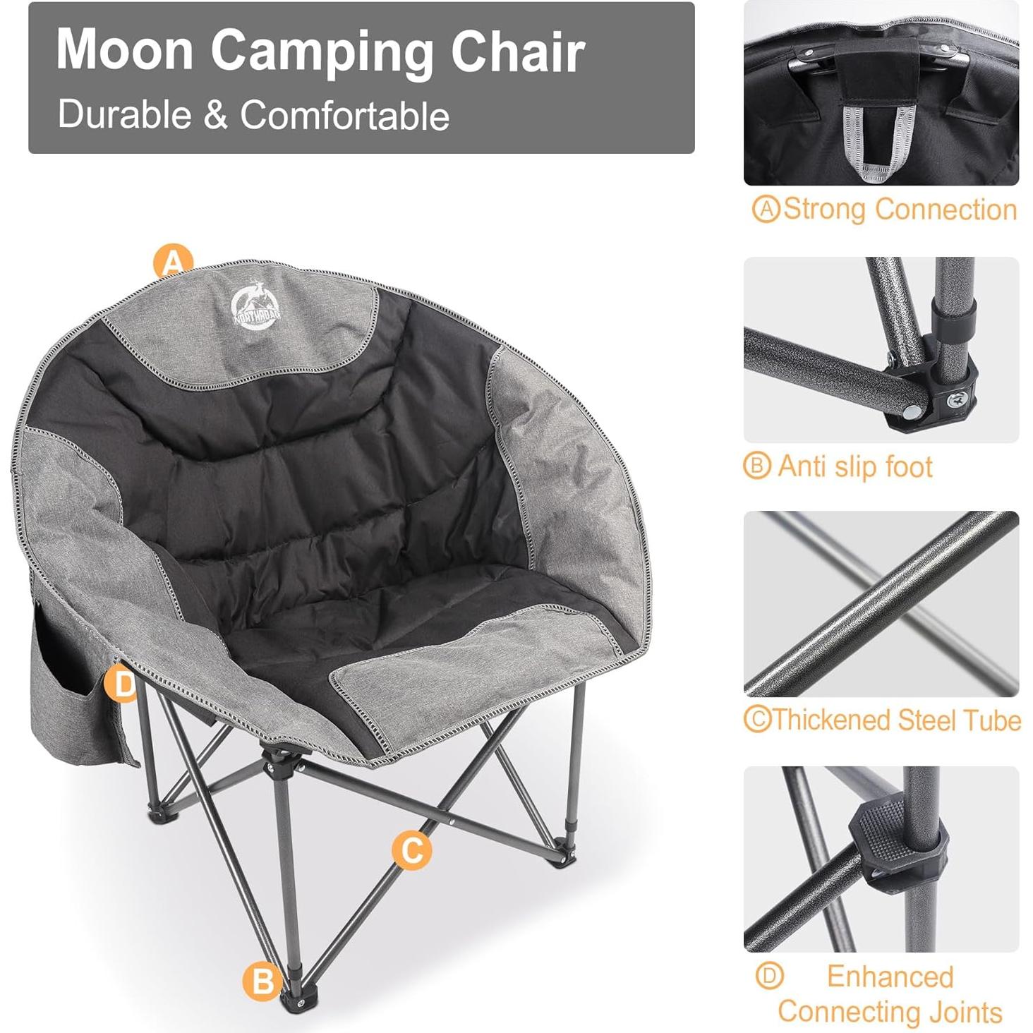 Folding Compact Camping Moon Chair, Outdoor Padded Saucer Round Chair w/Cup Holder Supports up to 300 lbs for Beach Hiking Fishing Picnic Lawn,Black
