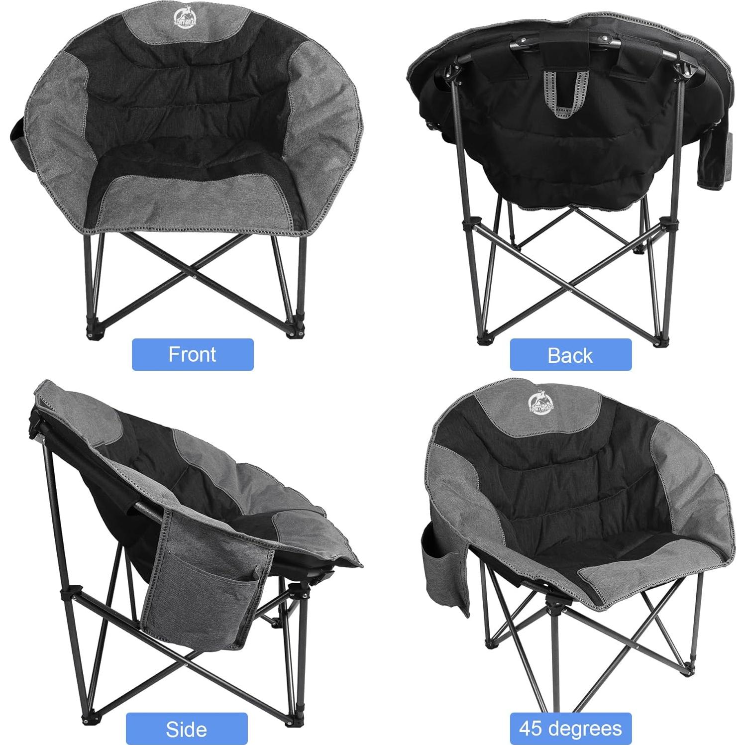 Folding Compact Camping Moon Chair, Outdoor Padded Saucer Round Chair w/Cup Holder Supports up to 300 lbs for Beach Hiking Fishing Picnic Lawn,Black