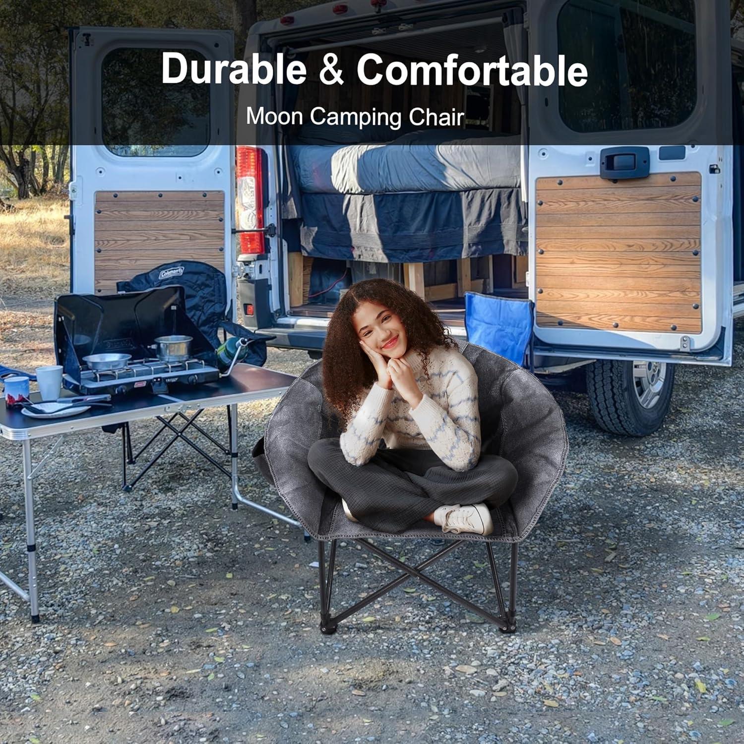 Folding Compact Camping Moon Chair, Outdoor Padded Saucer Round Chair w/Cup Holder Supports up to 300 lbs for Beach Hiking Fishing Picnic Lawn,Black