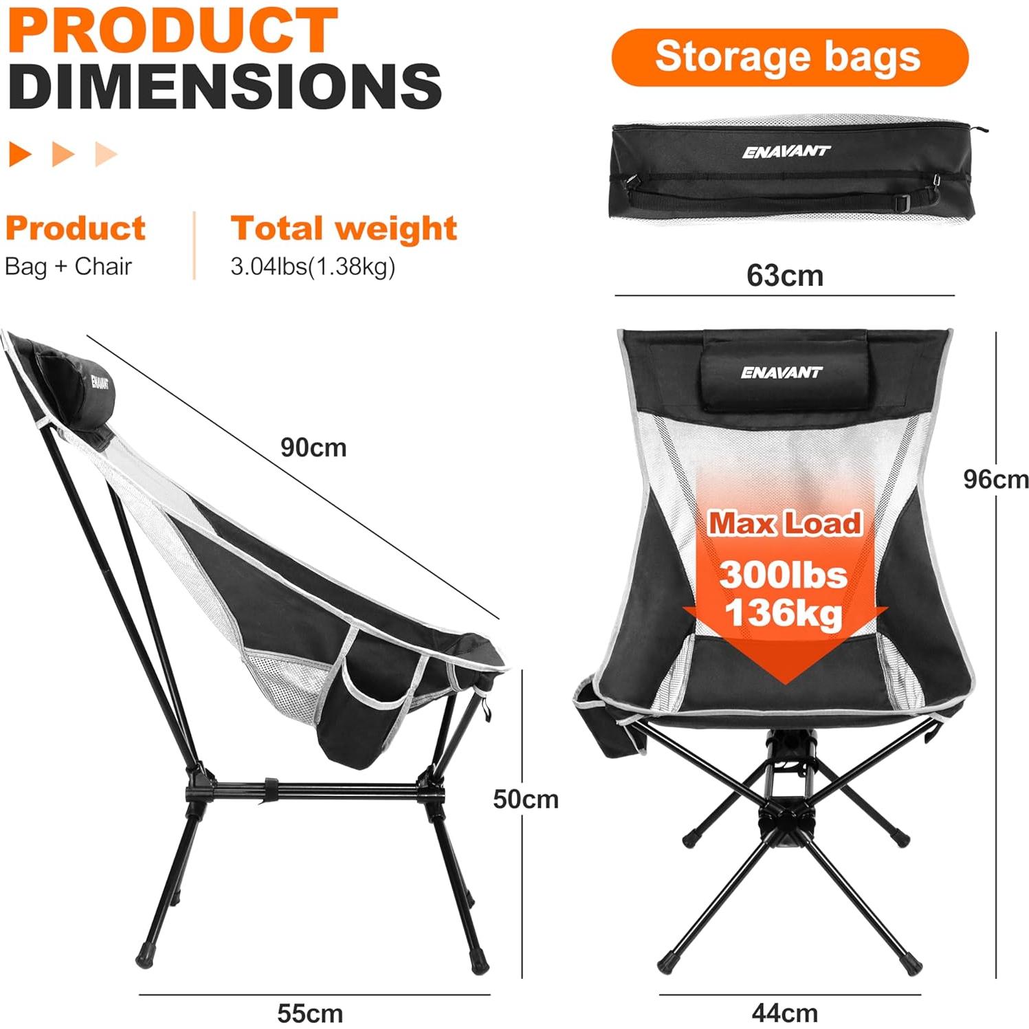Silla de Camping Plegable ENAVANT EVT-5912 con Reposacabezas y Portavasos