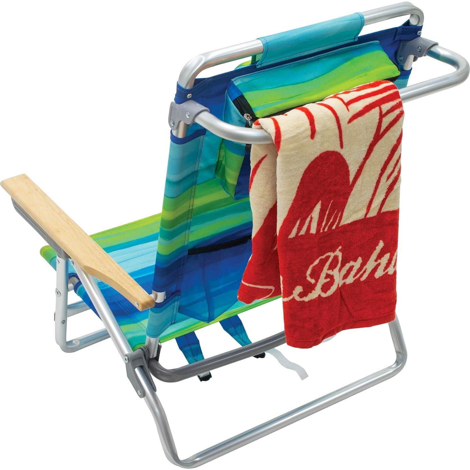 2-Pack 5-Position Classic Lay Flat Backpack Beach Chair with Cooler and Cup Holder, Portable Folding Beach Chair for Tanning, Blue/Green