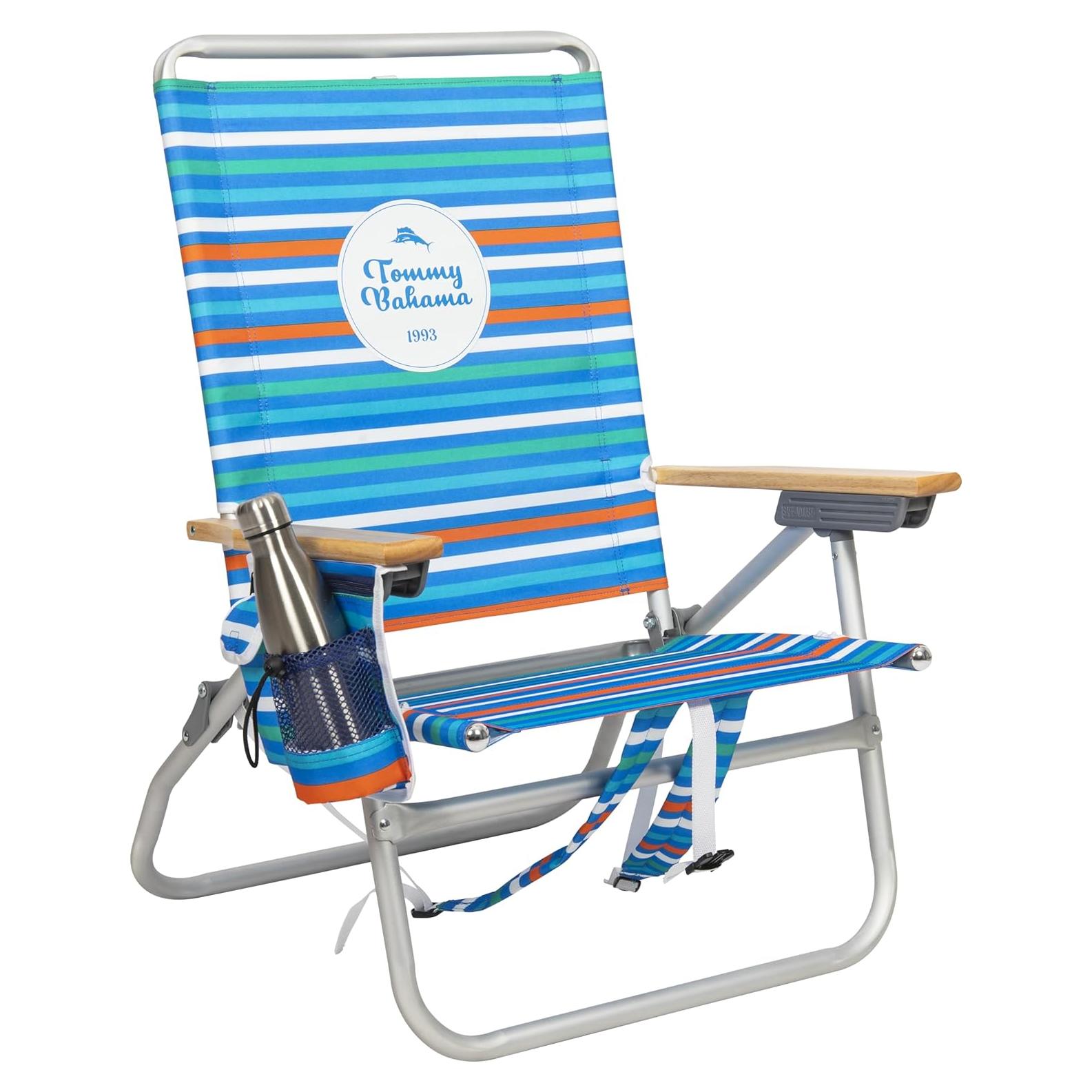 4-Position, Extended 12.8" seat Height Easy in-Easy Out Folding Backpack Beach Chair, Logo Stripe