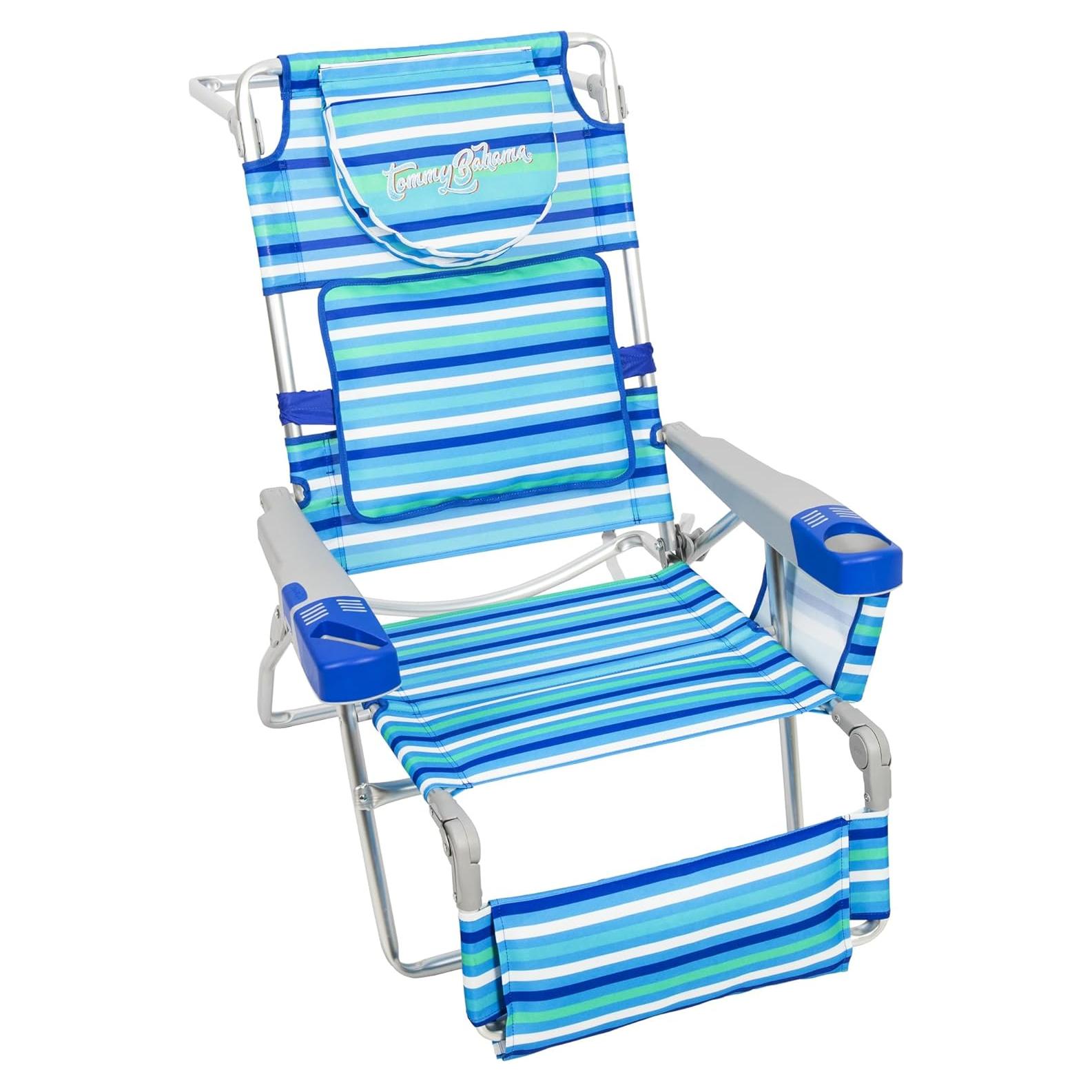 4-Position Face-Opening Read Through Lounger with Ottoman, Portable Folding Beach Chair, Blue Stripe