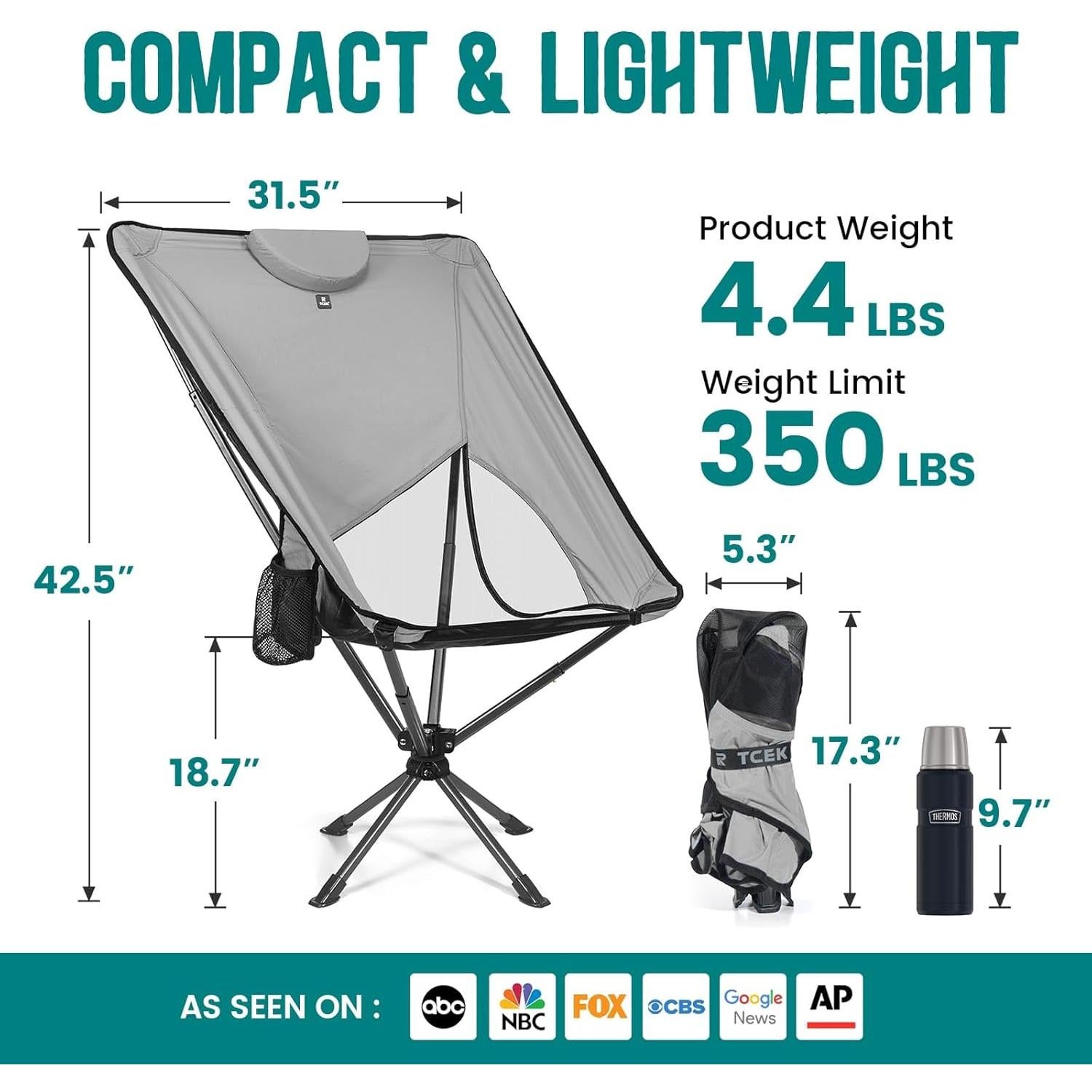 Silla de Camping Plegable TCEK con Respaldo Alto y Giro 360°