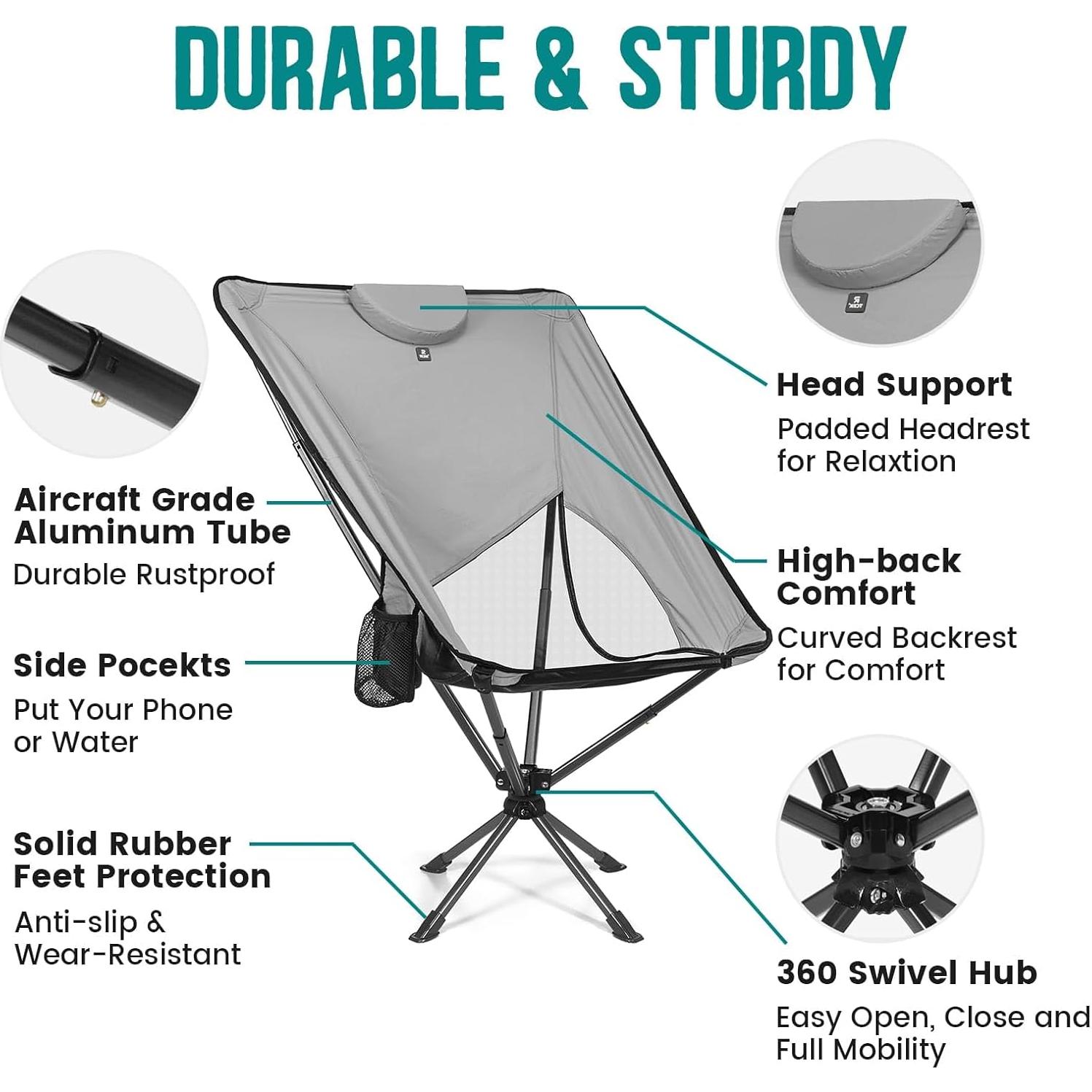 Silla de Camping Plegable TCEK con Respaldo Alto y Giro 360°