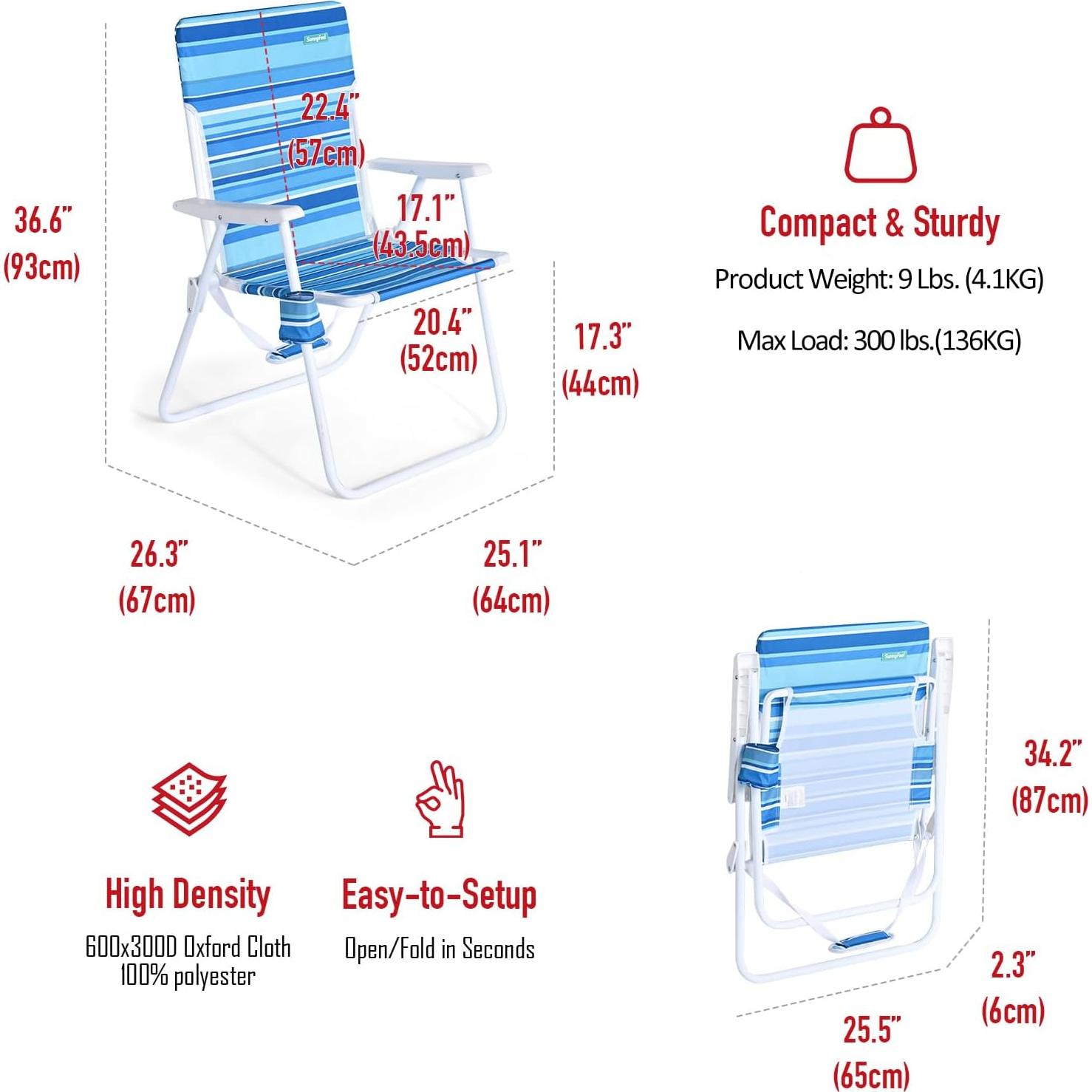 Silla de Playa Plegable SunnyFeel Alta 300 LBS Rayas Azul