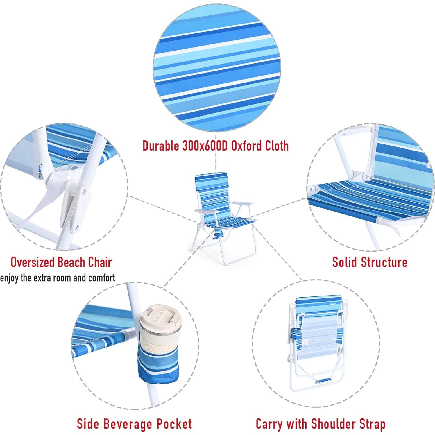 Silla de Playa Plegable SunnyFeel Alta 300 LBS Rayas Azul