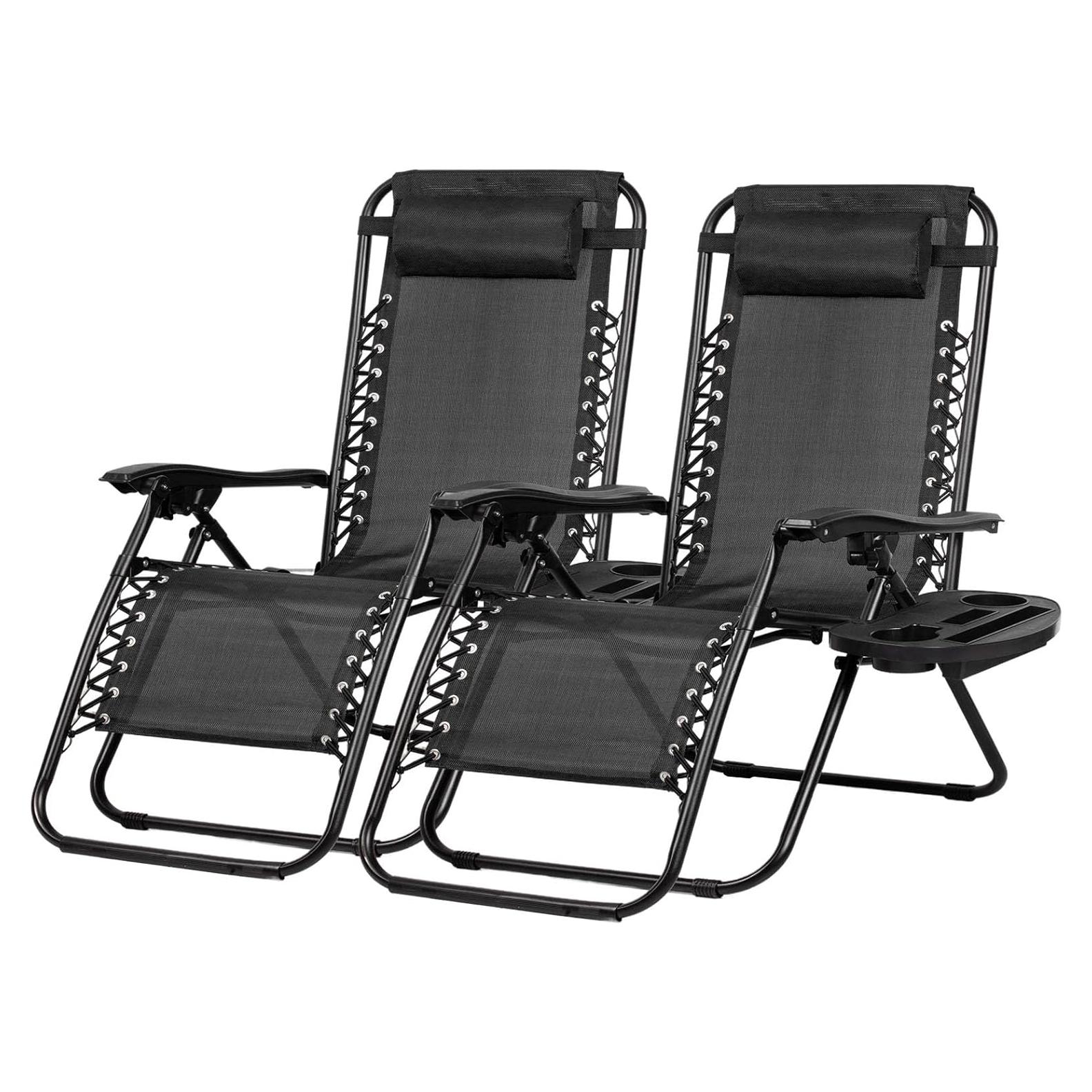 Nazhura Set of 2 Relaxing Recliners Patio Chairs Adjustable Steel Mesh Zero Gravity Lounge Chair Beach Chairs with Pillow and Cup Holder Black