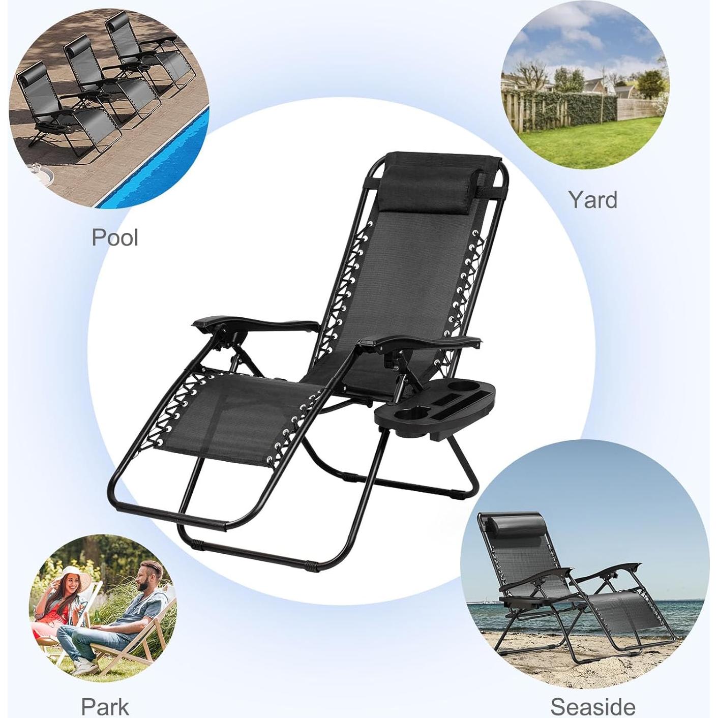 Nazhura Set of 2 Relaxing Recliners Patio Chairs Adjustable Steel Mesh Zero Gravity Lounge Chair Beach Chairs with Pillow and Cup Holder Black