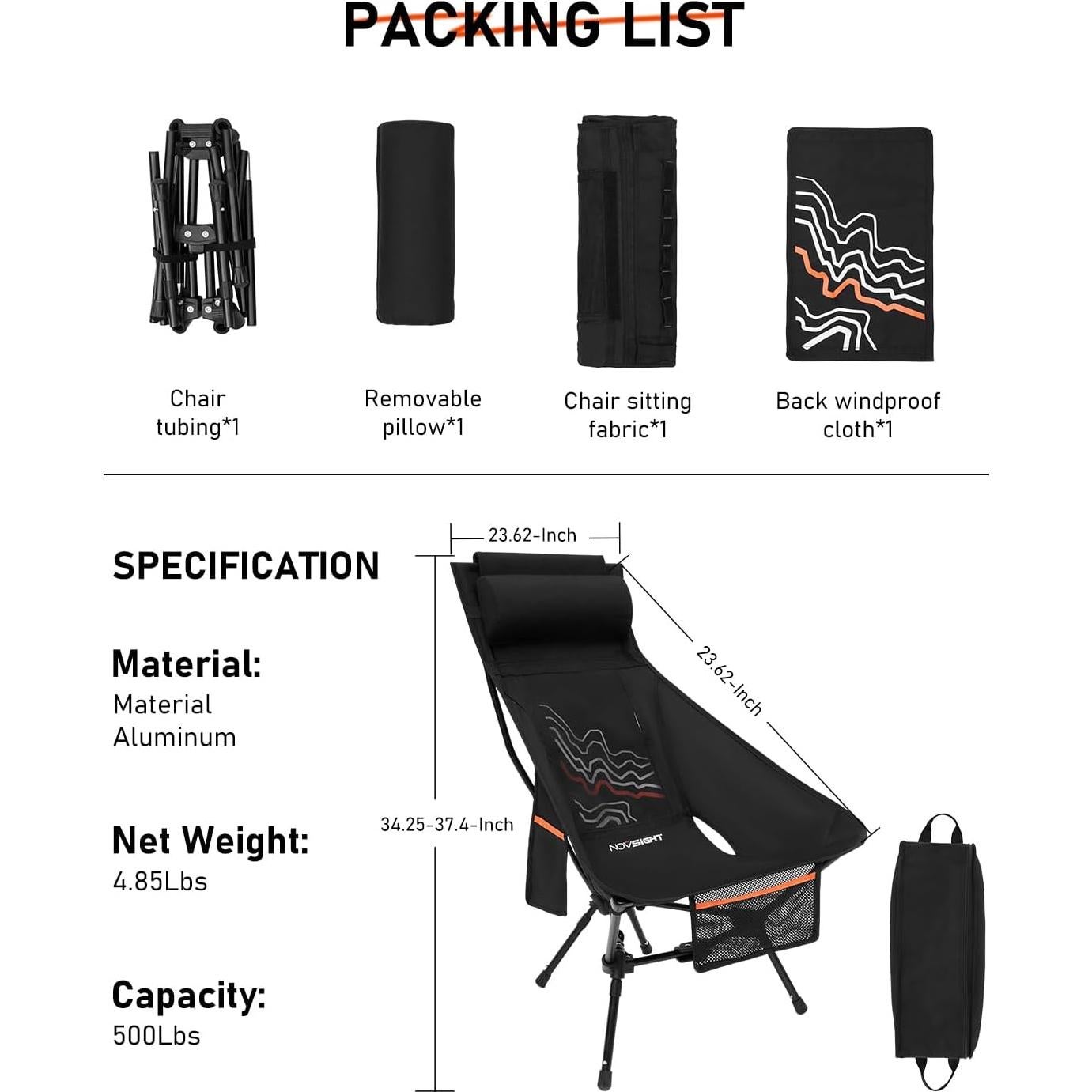 Silla de Camping NOVSIGHT Plegable Naranja con Reposacabezas