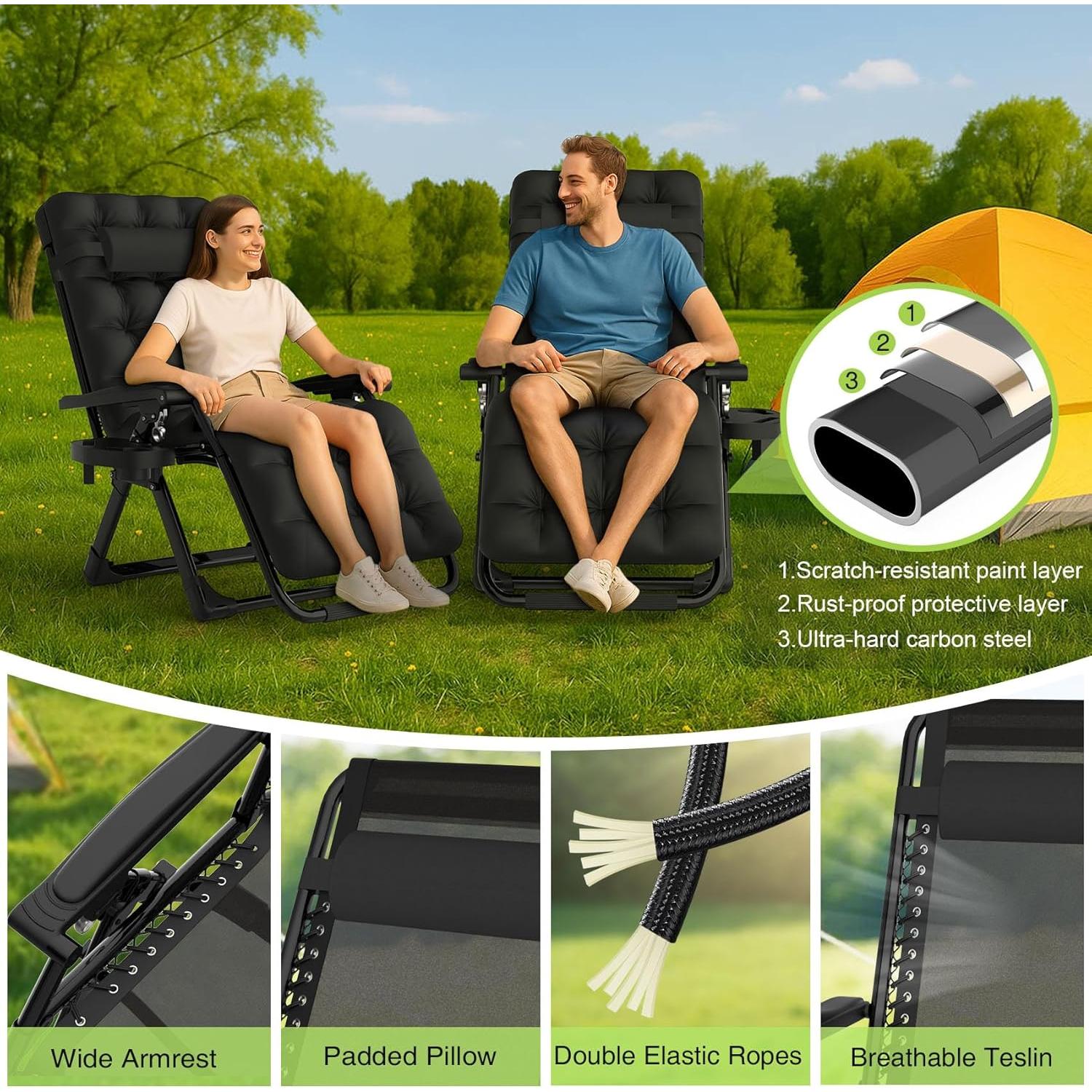 Suteck Zero Gravity Chair, Reclining Camping Lounge Chair w/Removable Cushion, Upgraded Lock and Cup Holder, Reclining Patio Chairs Folding Recliner for Indoor and Outdoor