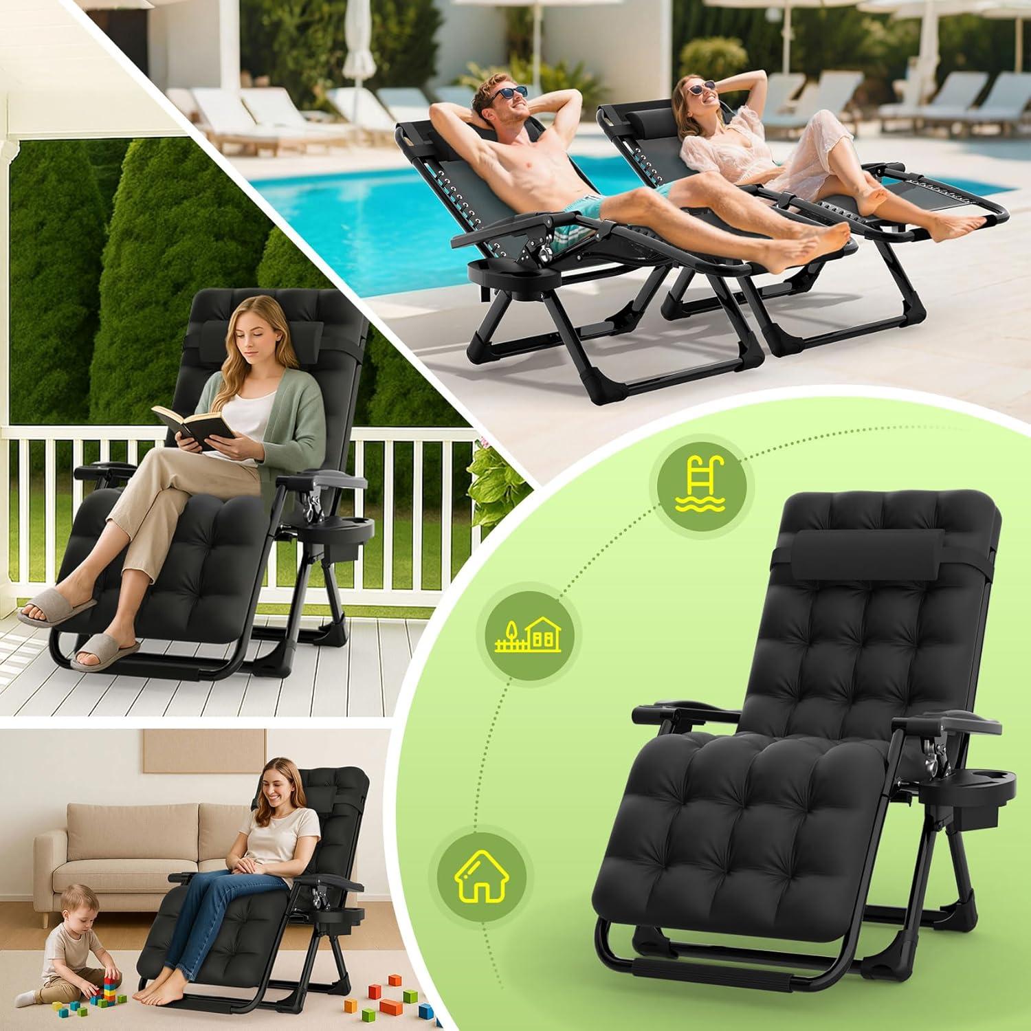 Suteck Zero Gravity Chair, Reclining Camping Lounge Chair w/Removable Cushion, Upgraded Lock and Cup Holder, Reclining Patio Chairs Folding Recliner for Indoor and Outdoor