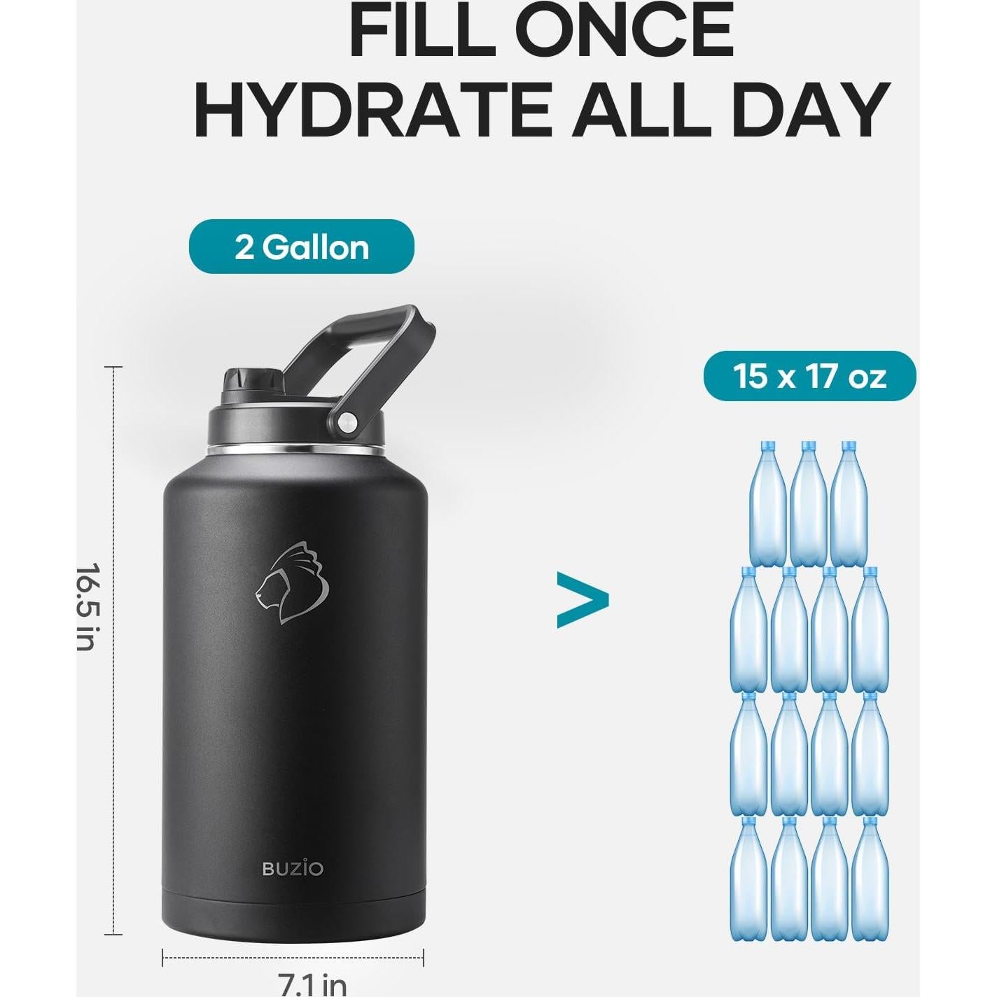 BUZIO 2 Gallon Water Bottle Insulated, (Cold for 48 Hrs) 256oz Extra Large Water Jug Stainless Steel, 4.4in Big Wide Mouth Leak Proof Metal Flask with Handle for Camping,Outdoor Work,Travel, Black