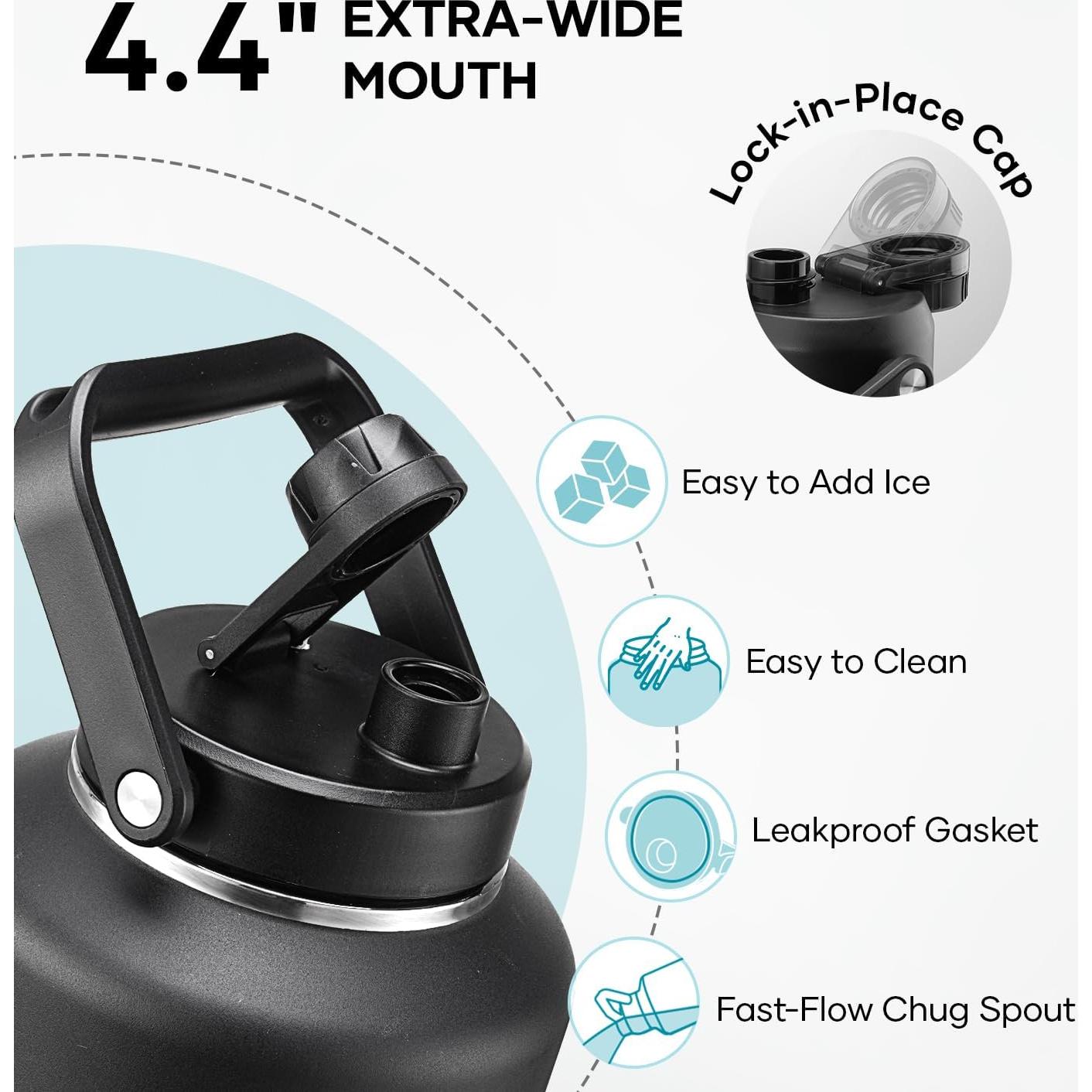 BUZIO 2 Gallon Water Bottle Insulated, (Cold for 48 Hrs) 256oz Extra Large Water Jug Stainless Steel, 4.4in Big Wide Mouth Leak Proof Metal Flask with Handle for Camping,Outdoor Work,Travel, Black