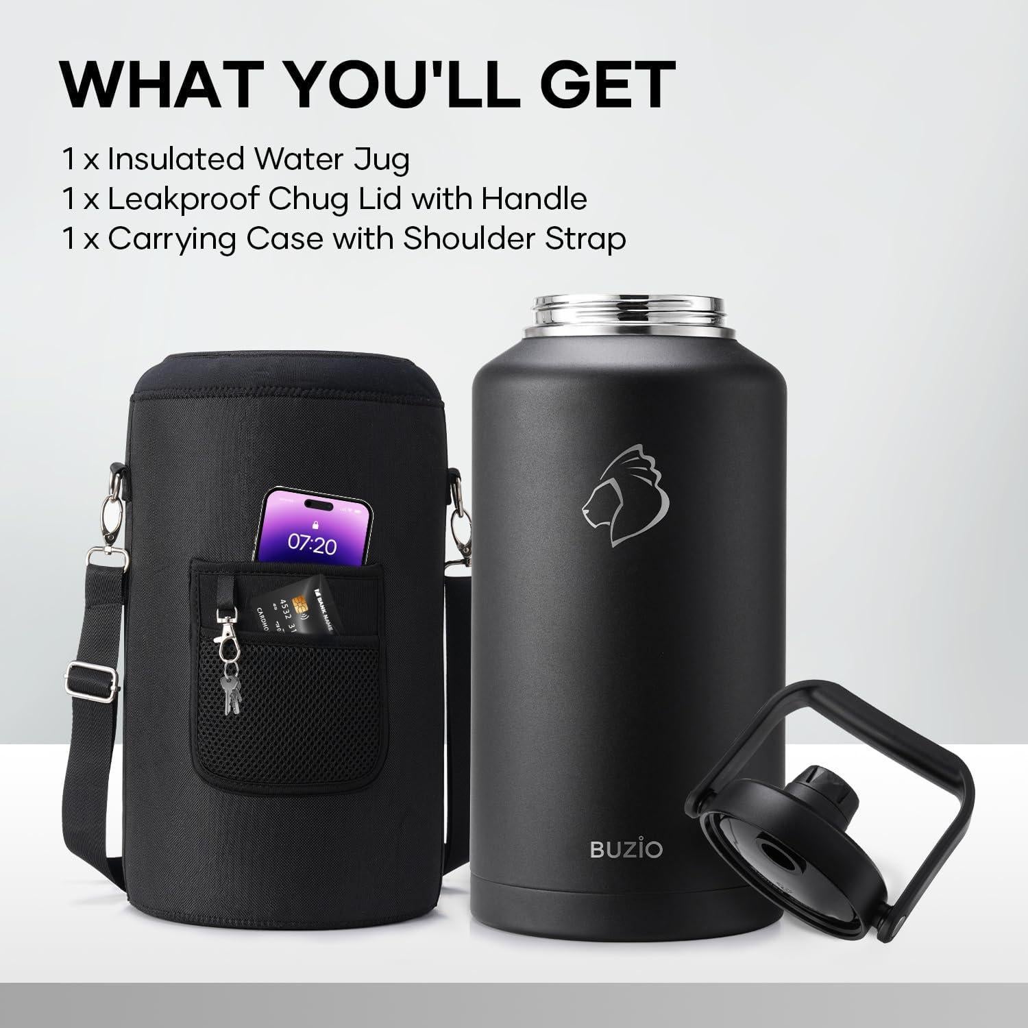 BUZIO 2 Gallon Water Bottle Insulated, (Cold for 48 Hrs) 256oz Extra Large Water Jug Stainless Steel, 4.4in Big Wide Mouth Leak Proof Metal Flask with Handle for Camping,Outdoor Work,Travel, Black