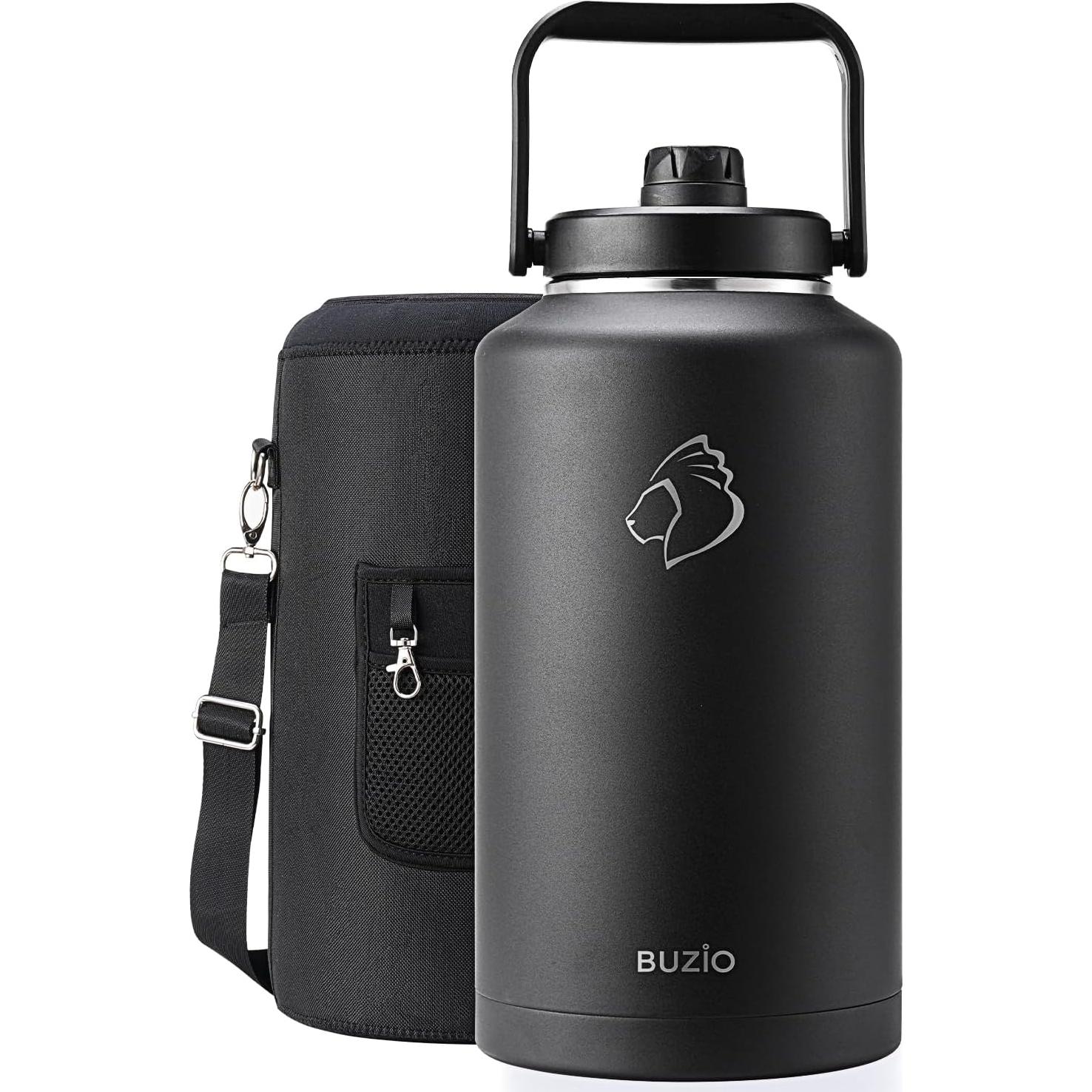 BUZIO 2 Gallon Water Bottle Insulated, (Cold for 48 Hrs) 256oz Extra Large Water Jug Stainless Steel, 4.4in Big Wide Mouth Leak Proof Metal Flask with Handle for Camping,Outdoor Work,Travel, Black