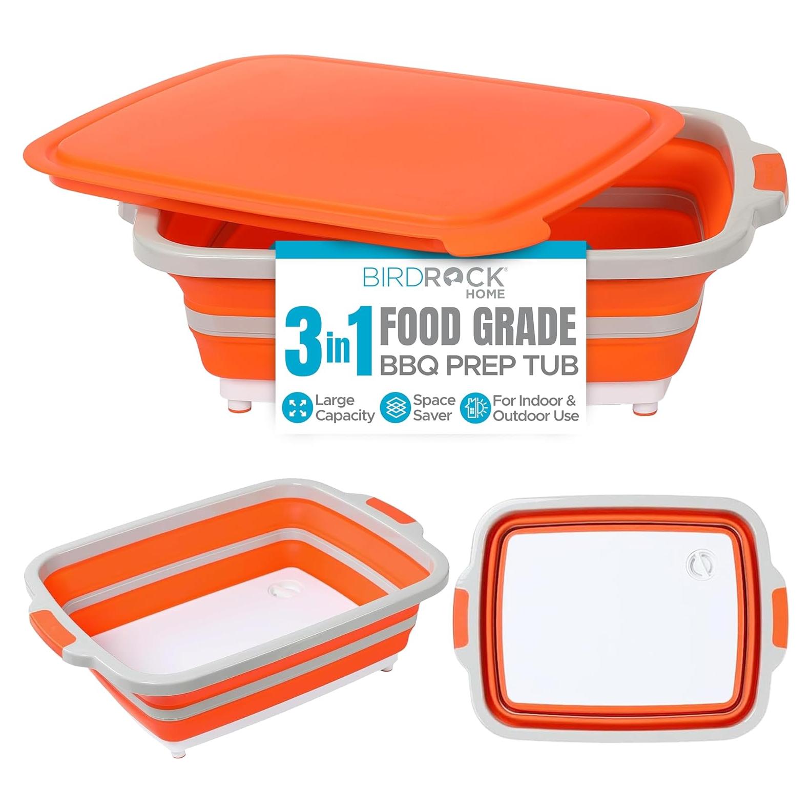 BIRDROCK HOME Collapsible Food Prep & Cutting Board and Grill Caddy Tub with Colander & Lid | Multifunctional Kitchen Vegetable Washing Basket | Silicone Dish Tub for BBQ, Picnic, Tailgate and Camping