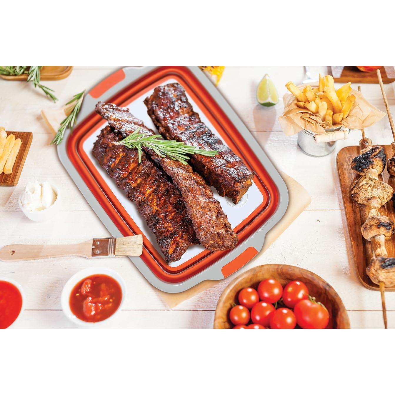 BIRDROCK HOME Collapsible Food Prep & Cutting Board and Grill Caddy Tub with Colander & Lid | Multifunctional Kitchen Vegetable Washing Basket | Silicone Dish Tub for BBQ, Picnic, Tailgate and Camping