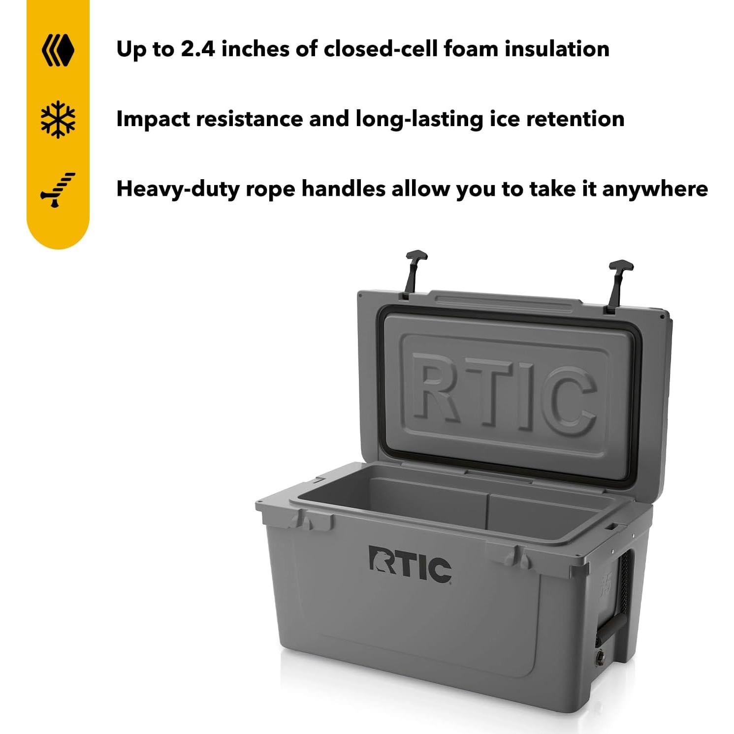 Nevera Aislada Portátil RTIC 65 QT Gris Oscuro para Camping