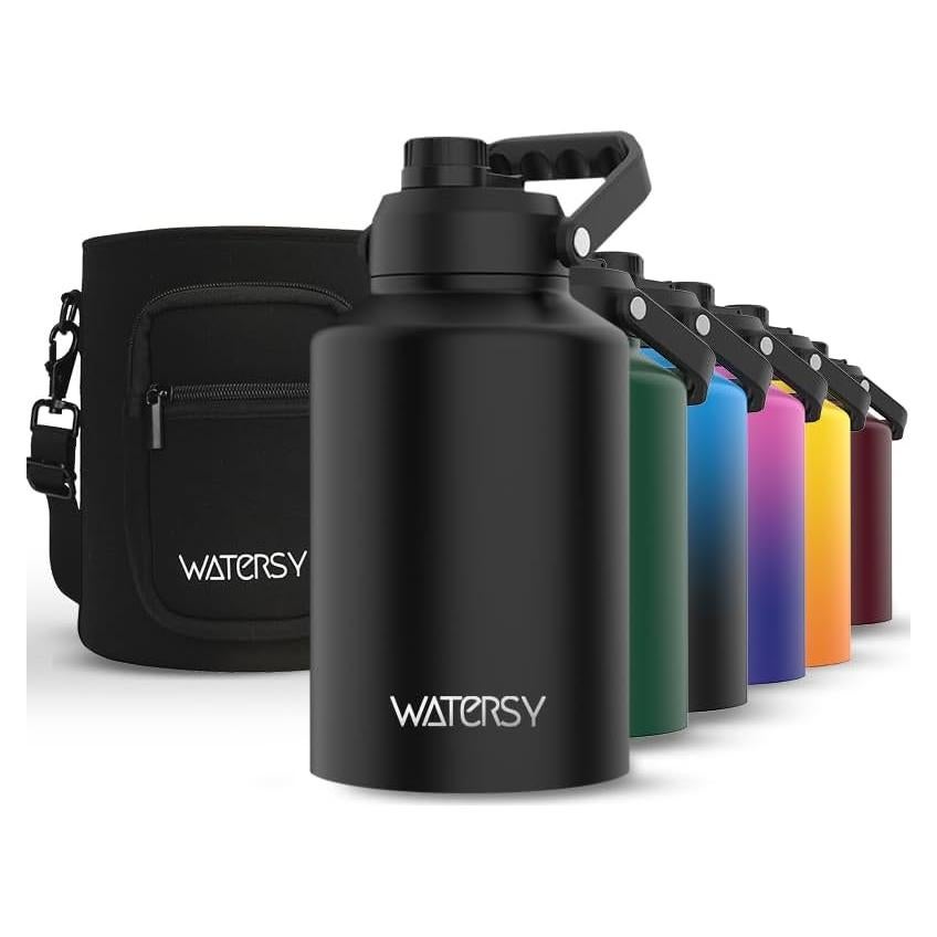WATERSY 1 Gallon Water Bottle Insulated(Cold for 48 Hrs),BPA Free&Leak Proof,128oz Stainless Steel Water Jug with Handle for Gym,Hiking,Camping&Travel,Black Large Thermo