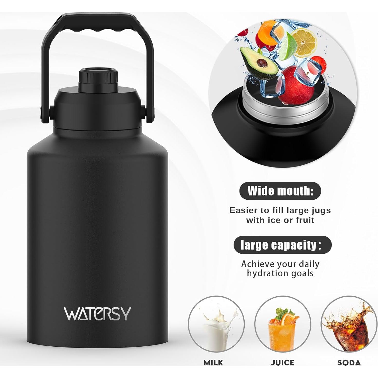 WATERSY 1 Gallon Water Bottle Insulated(Cold for 48 Hrs),BPA Free&Leak Proof,128oz Stainless Steel Water Jug with Handle for Gym,Hiking,Camping&Travel,Black Large Thermo