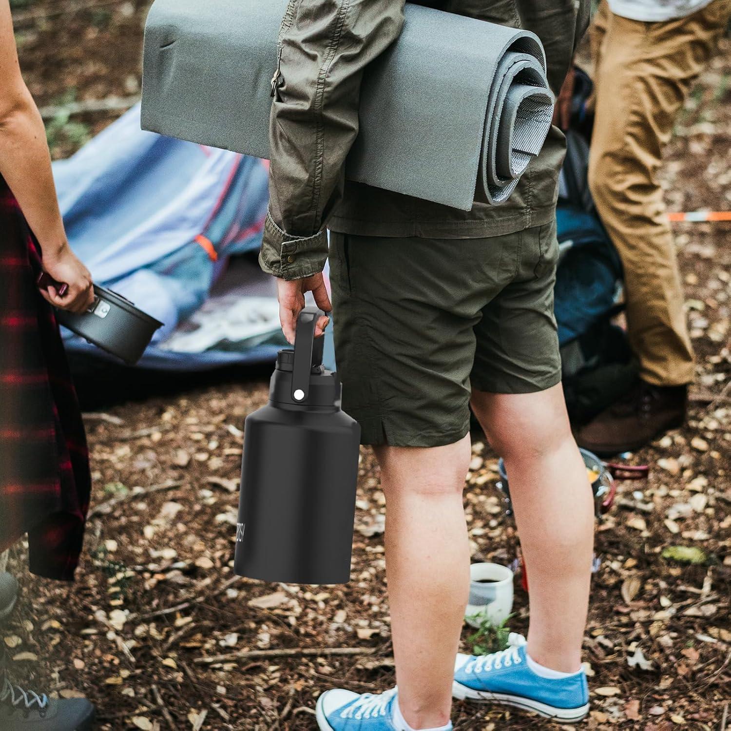 WATERSY 1 Gallon Water Bottle Insulated(Cold for 48 Hrs),BPA Free&Leak Proof,128oz Stainless Steel Water Jug with Handle for Gym,Hiking,Camping&Travel,Black Large Thermo