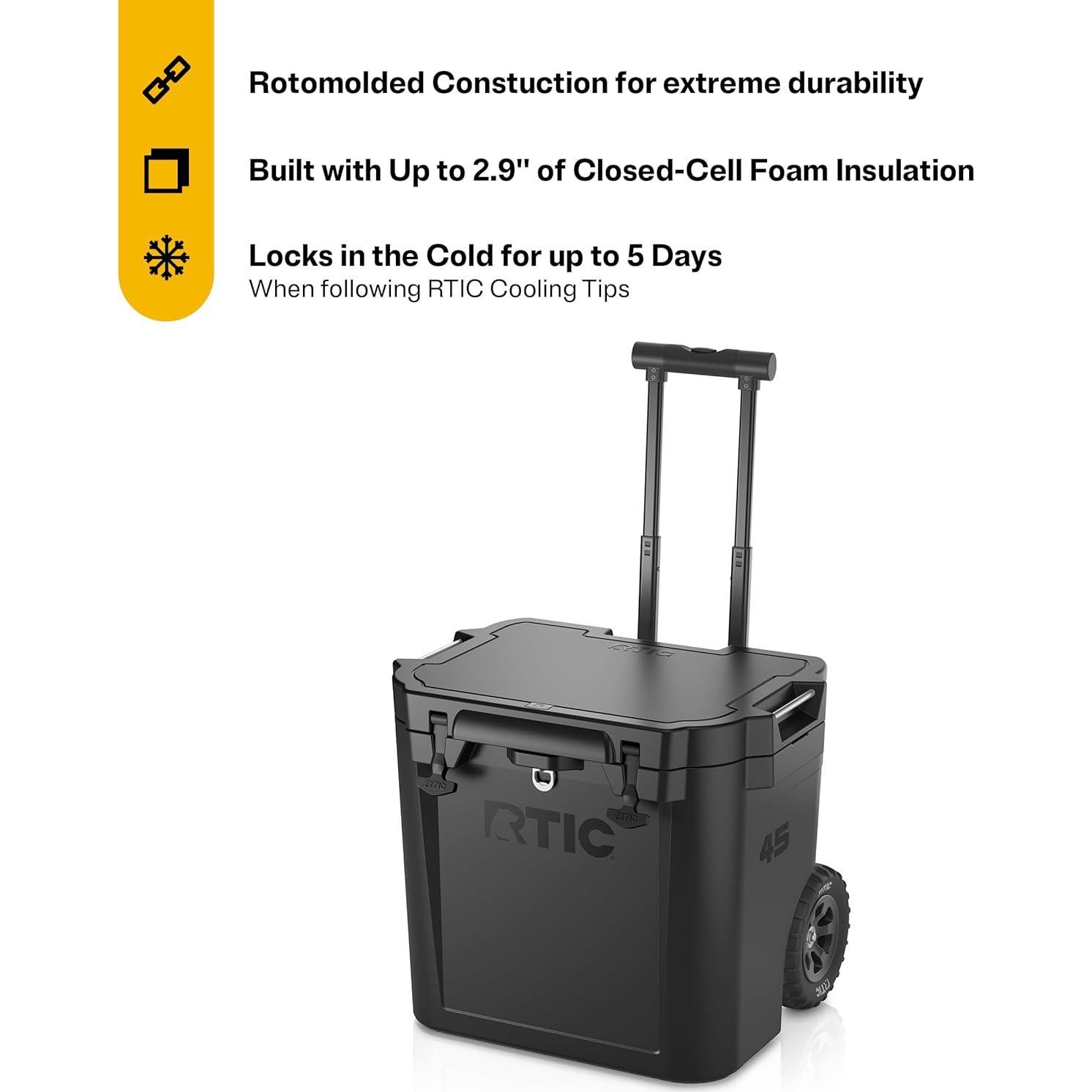 Enfriador RTIC 45 QT Ultra Resistente con Ruedas - Negro