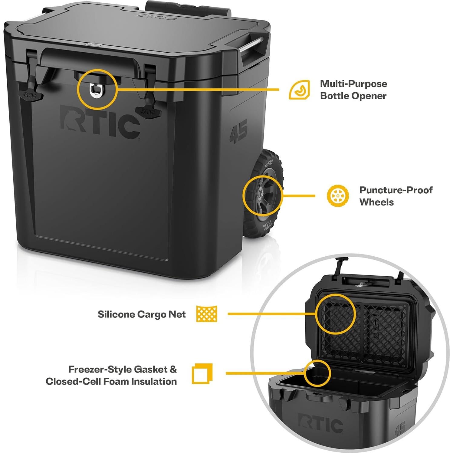 Enfriador RTIC 45 QT Ultra Resistente con Ruedas - Negro