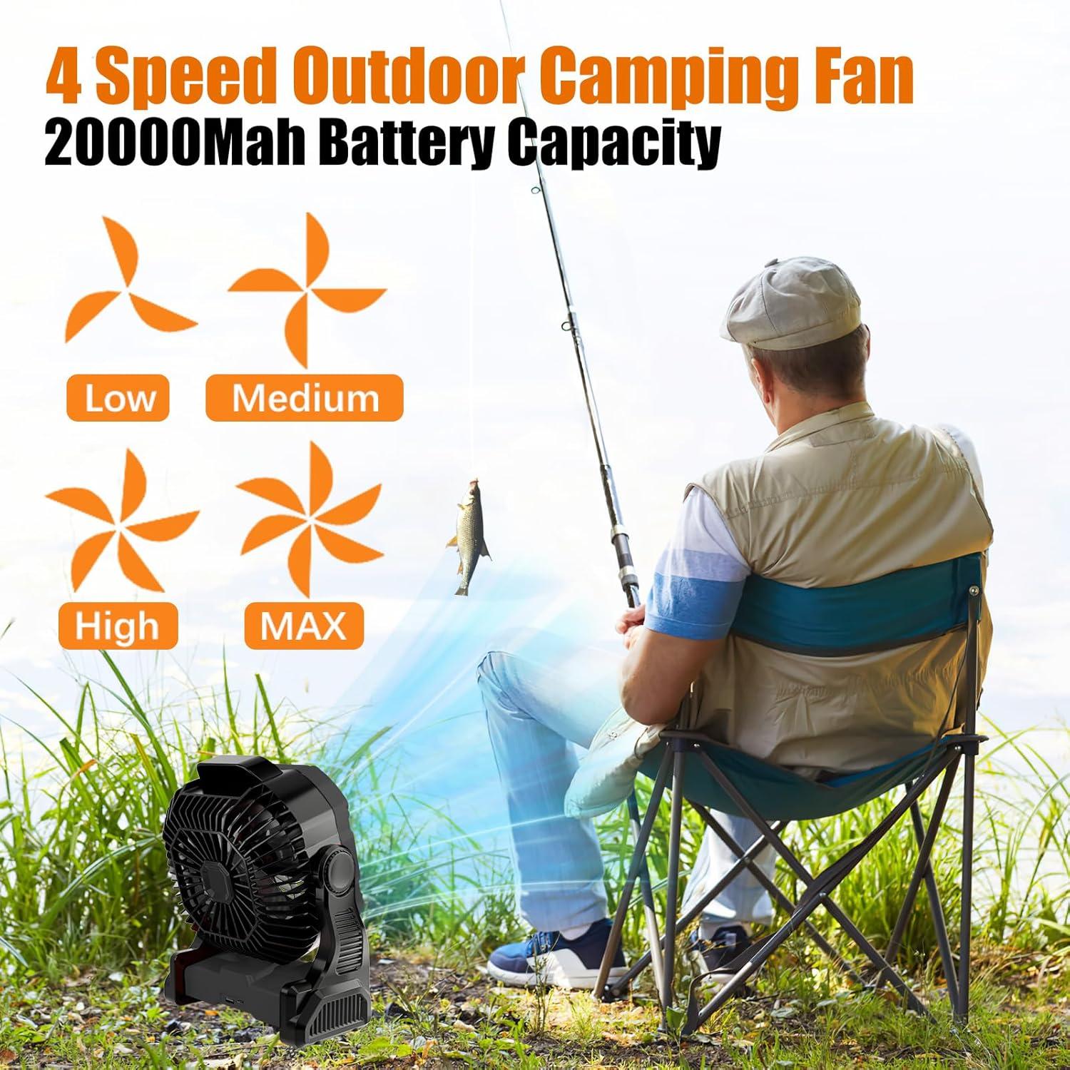 Sugoiti Portable Camping Fan Father's Day 20000mAh Rechargeable Battery, 4-Speed Quiet Cooling Blower with LED Lantern, 4 Timing, Hanging Hook for Outdoor Picnic Tent Beach Fishing Black