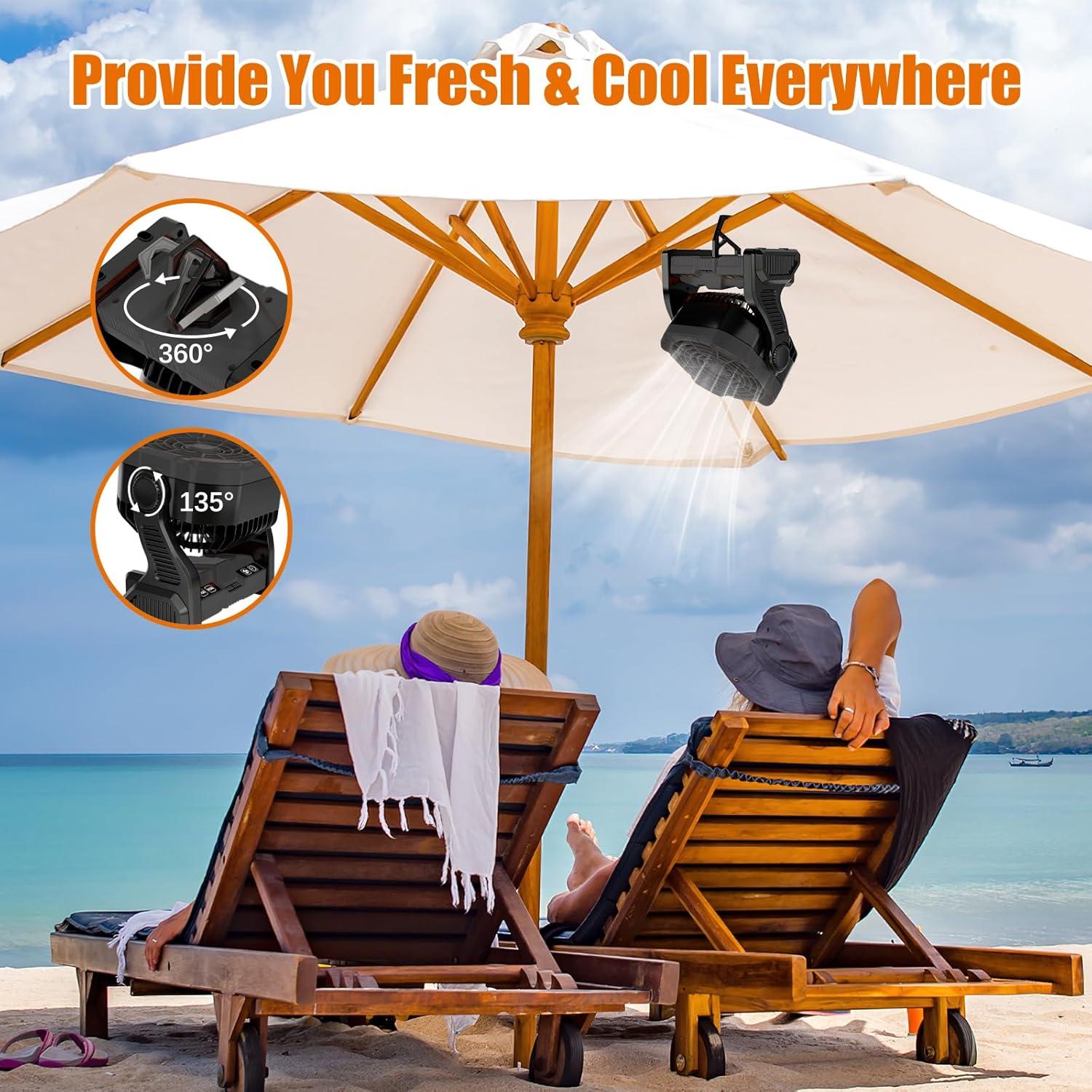 Sugoiti Portable Camping Fan Father's Day 20000mAh Rechargeable Battery, 4-Speed Quiet Cooling Blower with LED Lantern, 4 Timing, Hanging Hook for Outdoor Picnic Tent Beach Fishing Black