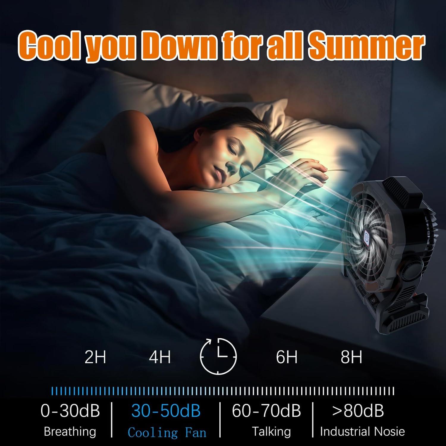 Sugoiti Portable Camping Fan Father's Day 20000mAh Rechargeable Battery, 4-Speed Quiet Cooling Blower with LED Lantern, 4 Timing, Hanging Hook for Outdoor Picnic Tent Beach Fishing Black