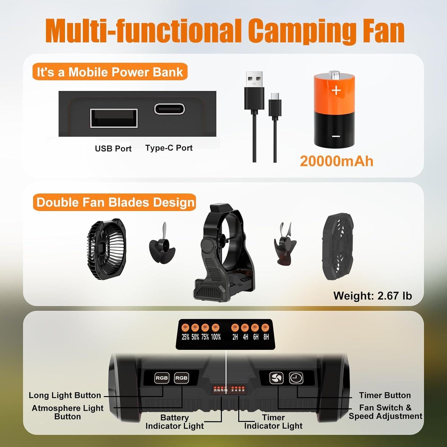 Sugoiti Portable Camping Fan Father's Day 20000mAh Rechargeable Battery, 4-Speed Quiet Cooling Blower with LED Lantern, 4 Timing, Hanging Hook for Outdoor Picnic Tent Beach Fishing Black