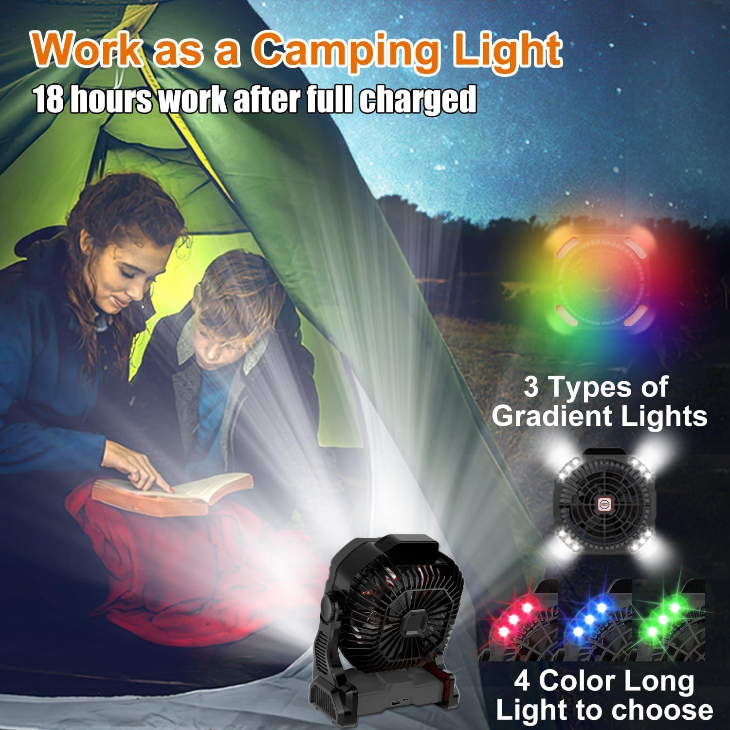 Sugoiti Portable Camping Fan Father's Day 20000mAh Rechargeable Battery, 4-Speed Quiet Cooling Blower with LED Lantern, 4 Timing, Hanging Hook for Outdoor Picnic Tent Beach Fishing Black