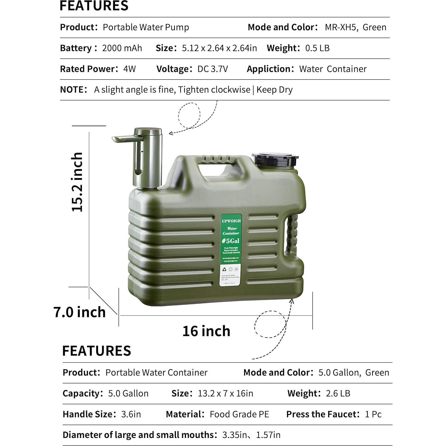 Jarra de Agua Portátil UPWOIGH 30.28L con Bomba Táctil Verde