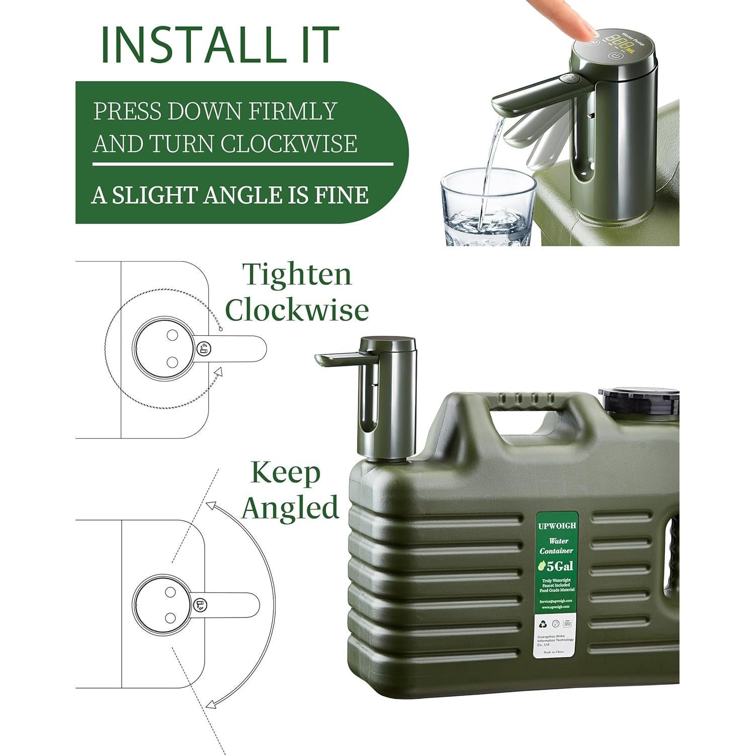Jarra de Agua Portátil UPWOIGH 30.28L con Bomba Táctil Verde