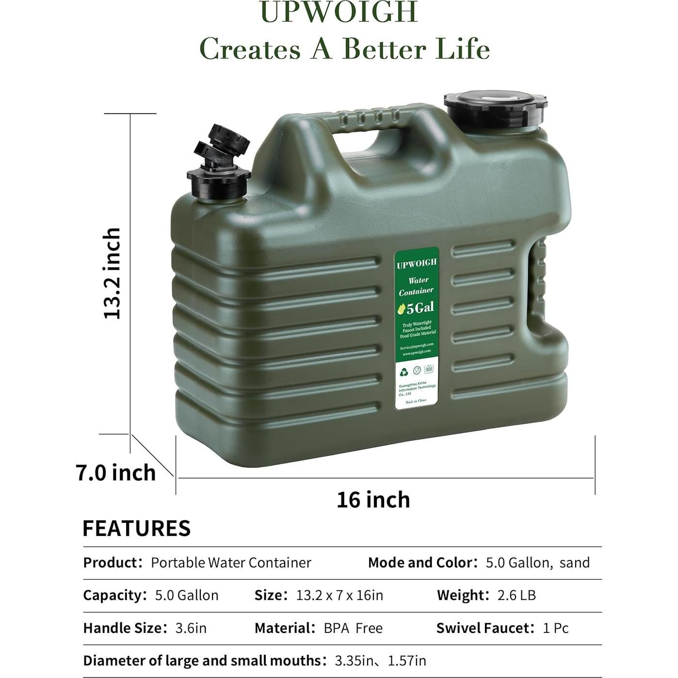 Jarra de Agua 5 Galones UPWOIGH Verde Militar Sin Fugas