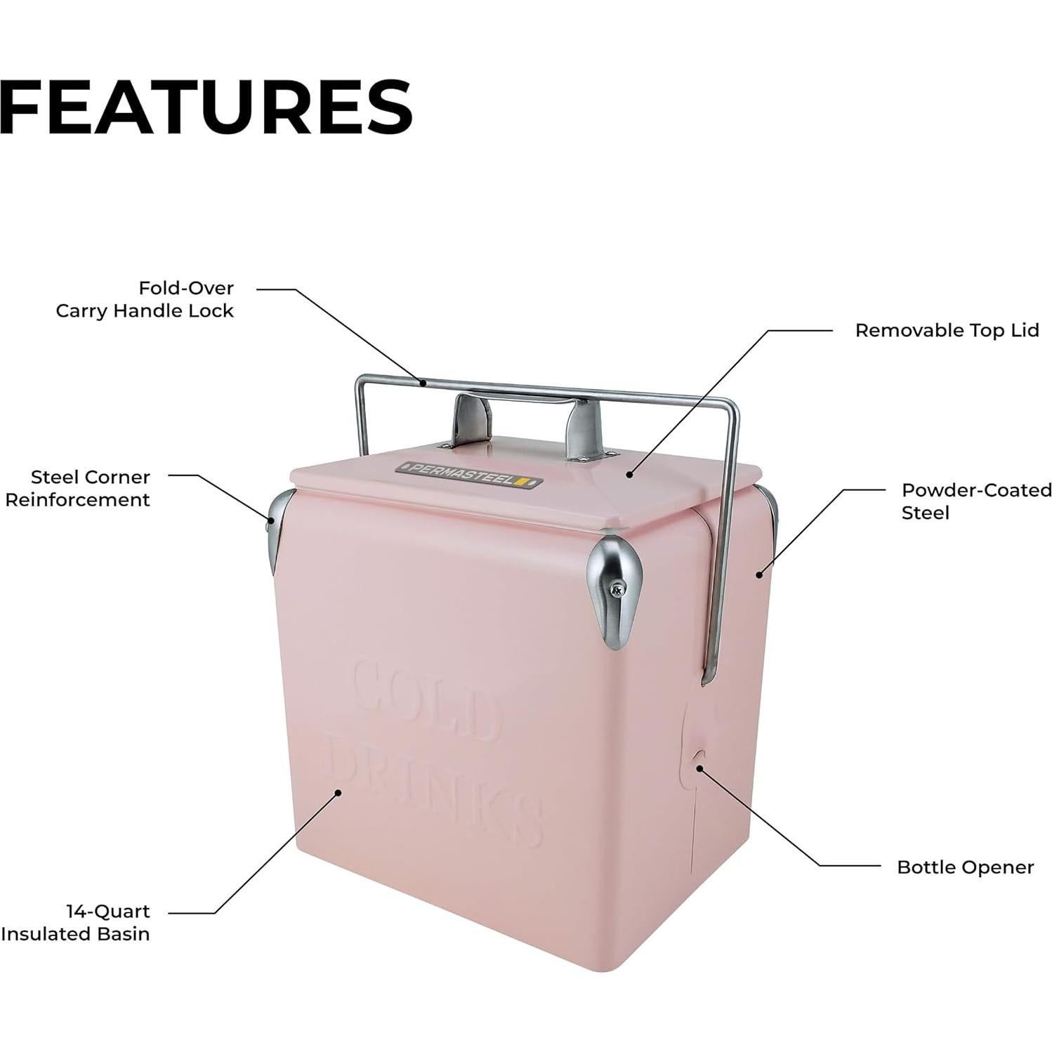 Nevera Portátil Vintage Permasteel 14 Qt Rosa - Enfriador de Bebidas