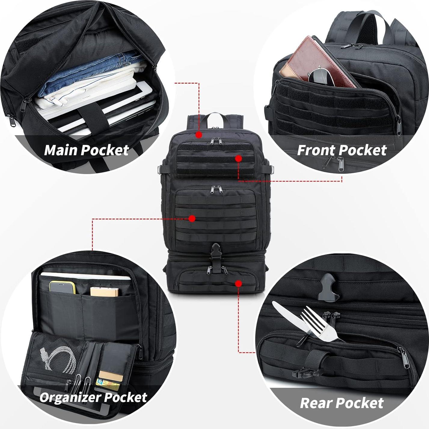 BERTASCHE Lunch Backpack for Men, 15.6 Inch Laptop Backpack for Work College Travel Camping Tactical Molle Daypack, Black